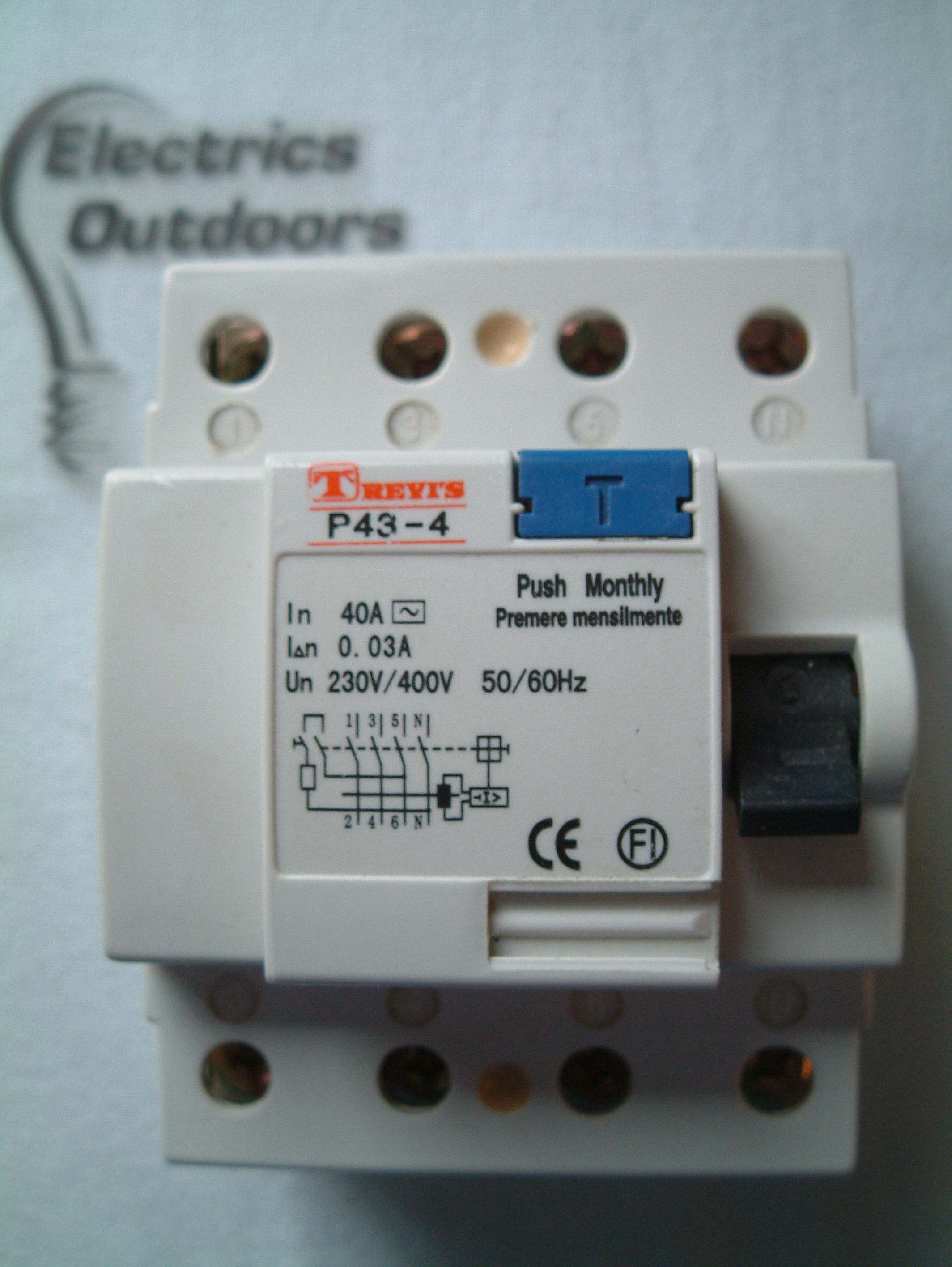 TREVIS 40 AMP 30mA 230V 50 Hz 4 POLE P43-4 RCCB RESIDUAL CURRENT CIRCUIT BREAKER