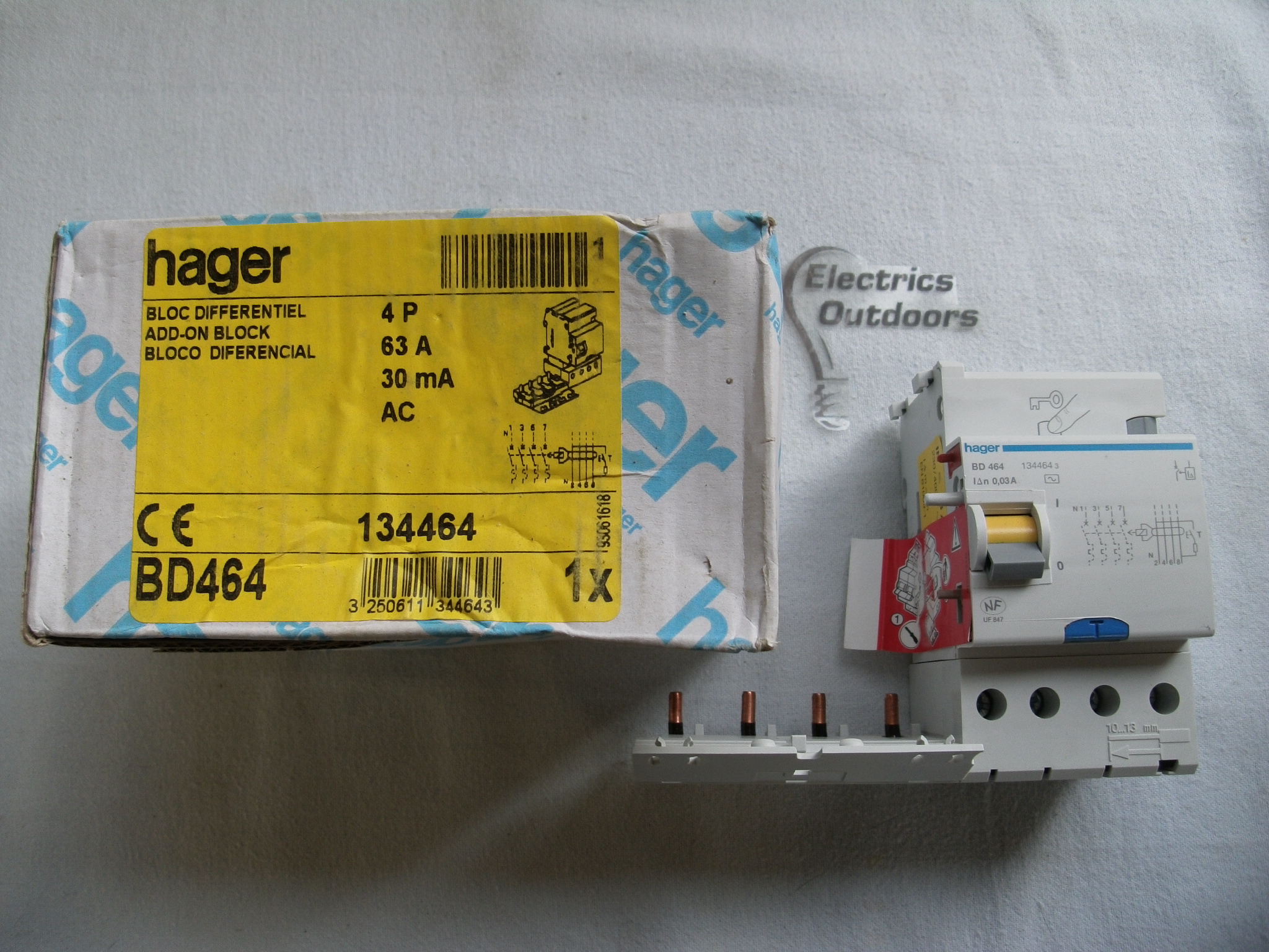 HAGER 63 AMP 30mA FOUR POLE ADD ON RCCB 230/400V BD464 134464