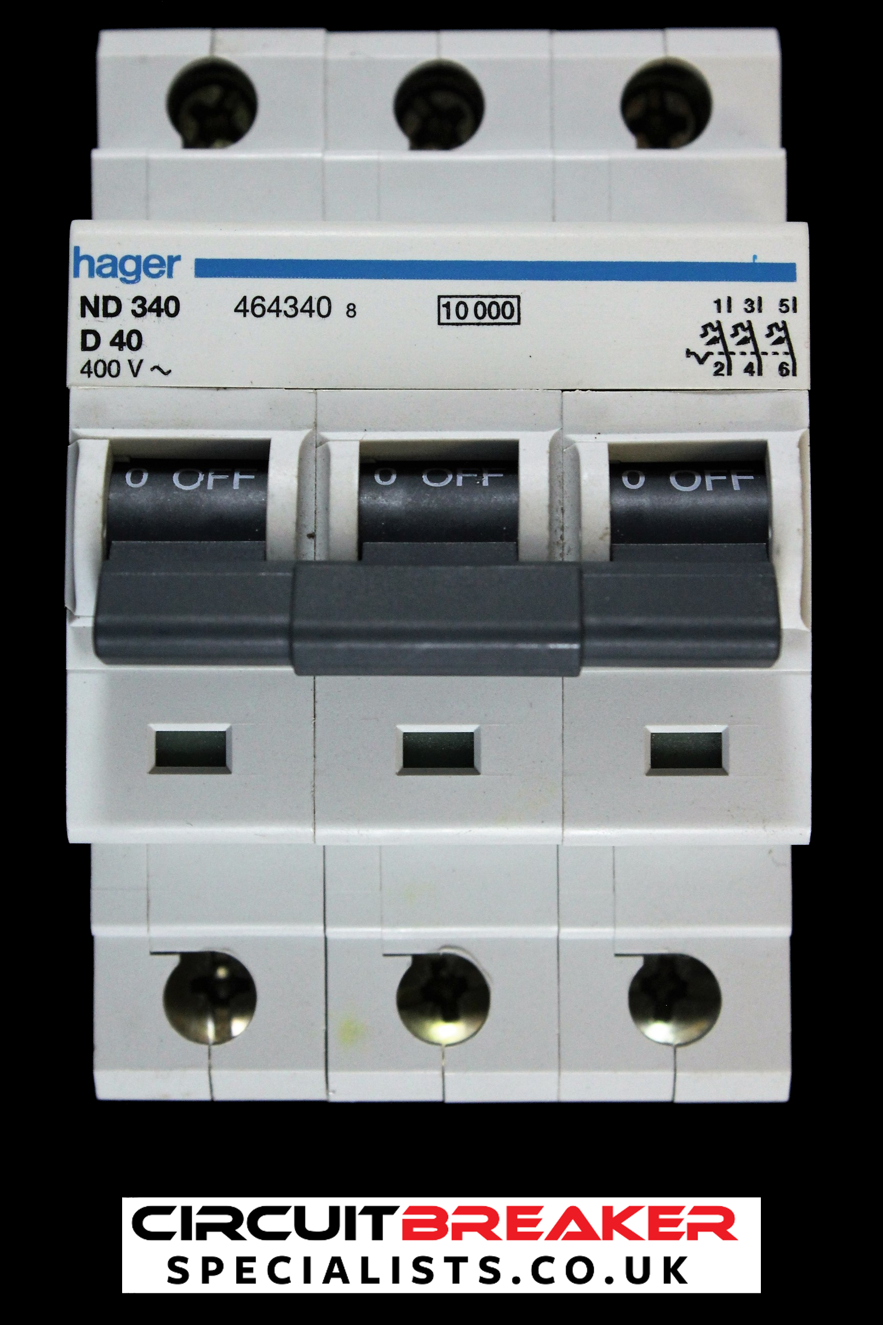 HAGER 40 AMP CURVE D 10kA TRIPLE POLE MCB CIRCUIT BREAKER ND340 464340