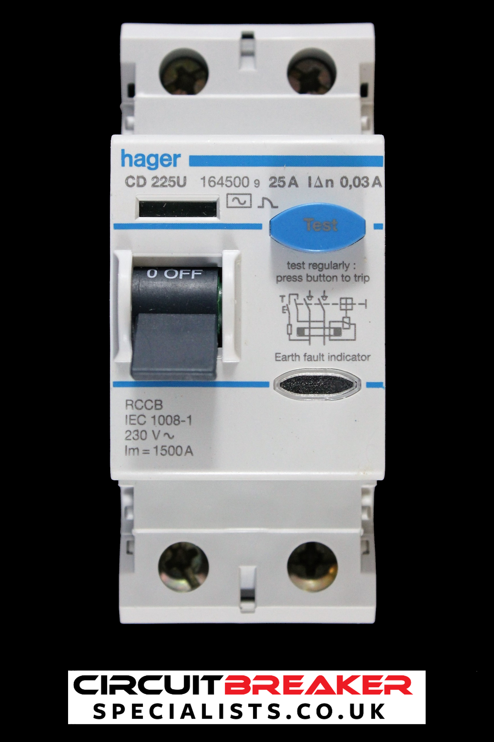 HAGER 25 AMP 30mA DOUBLE POLE RCCB RCD TYPE AC 164500 CD225U