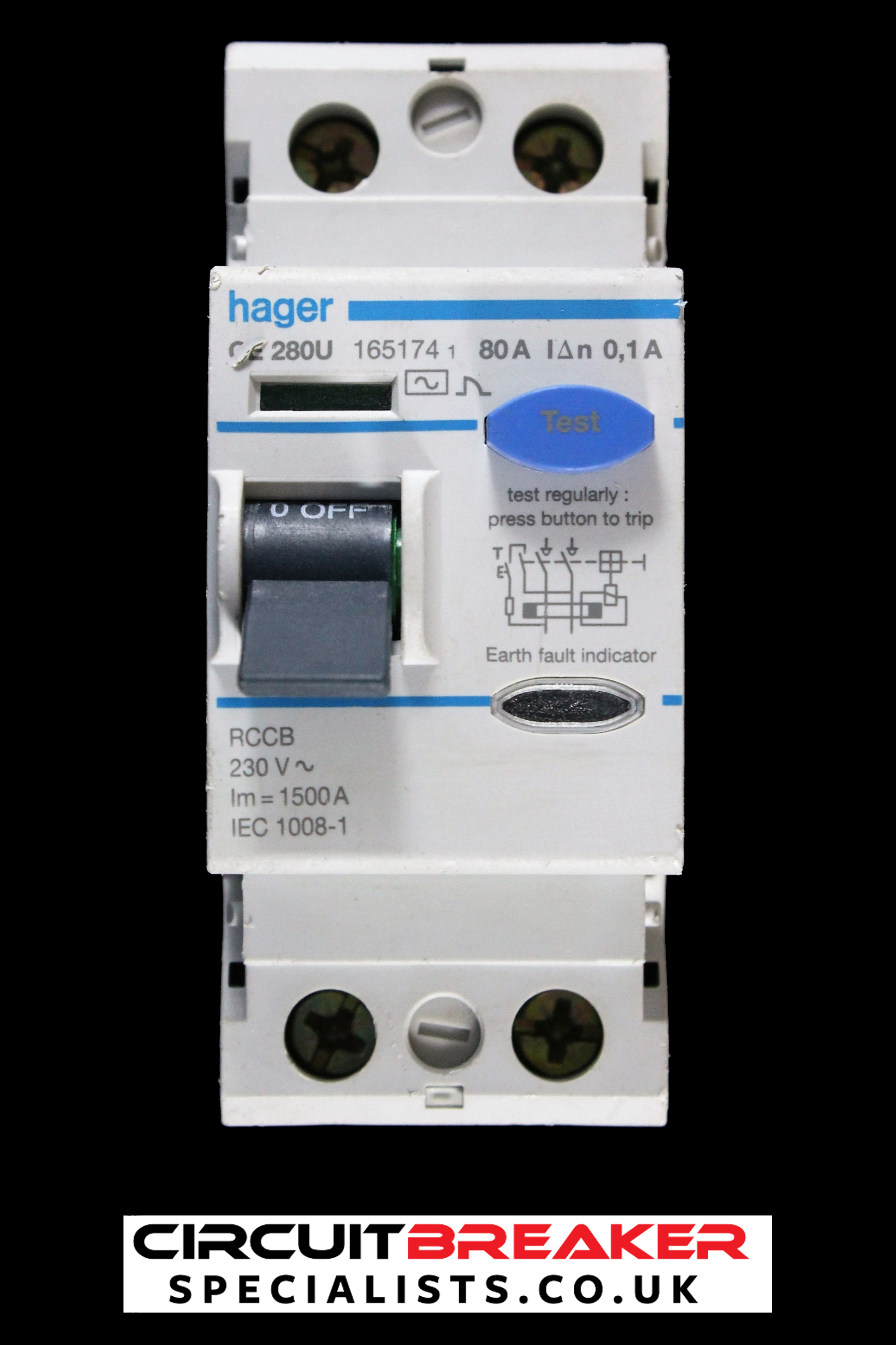 HAGER 80 AMP 100mA DOUBLE POLE RCCB RCD TYPE AC CE280U 165174