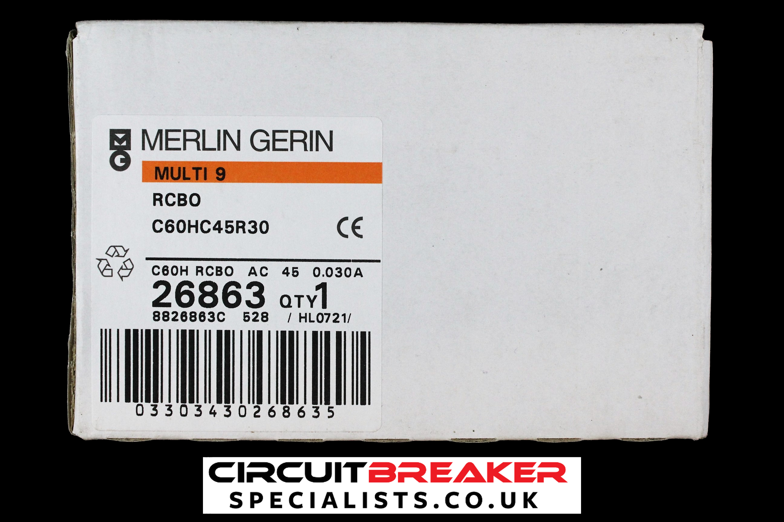 MERLIN GERIN 45 AMP CURVE C 10kA 30mA RCBO TYPE AC 26863 C60HC45R30