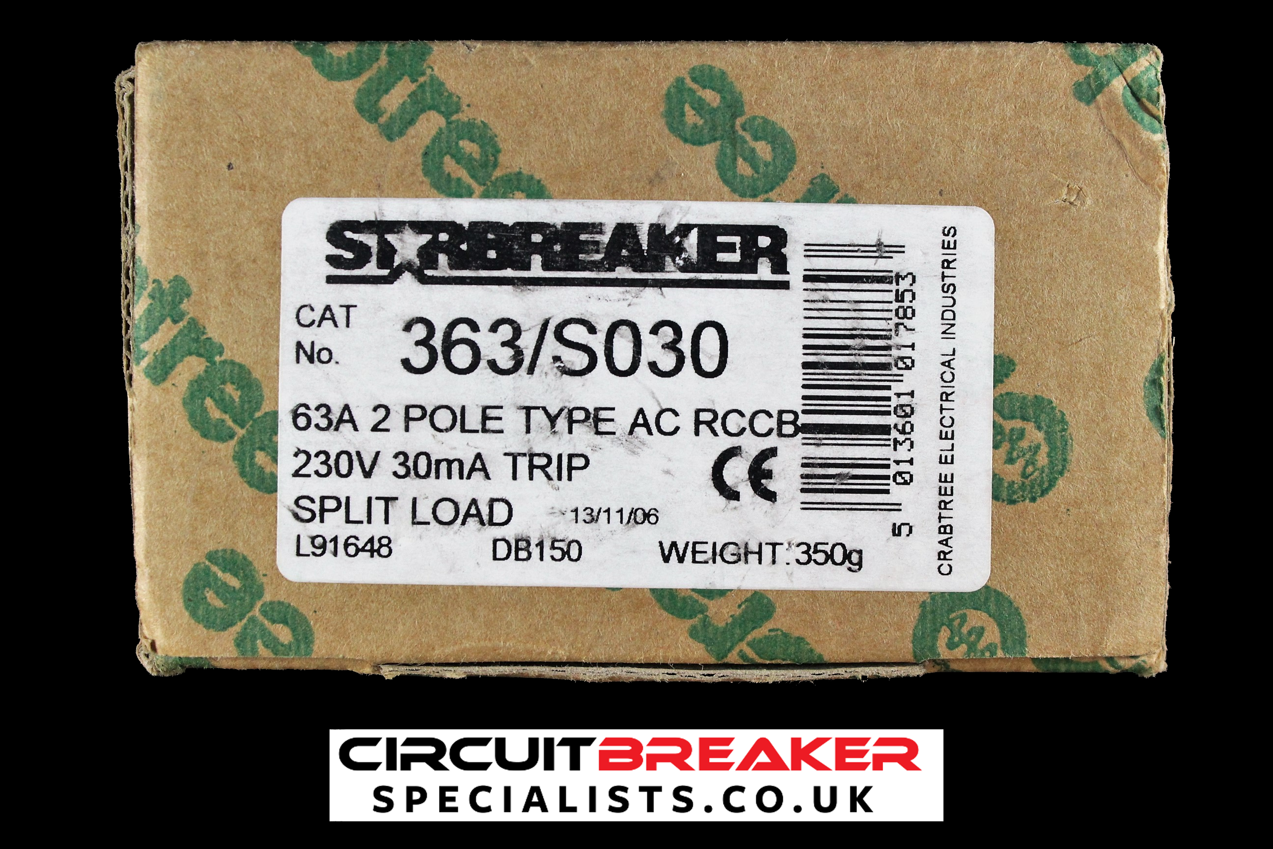 CRABTREE 63 AMP 30mA DOUBLE POLE RCCB RCD STARBREAKER 363/S030 SPLIT LOAD