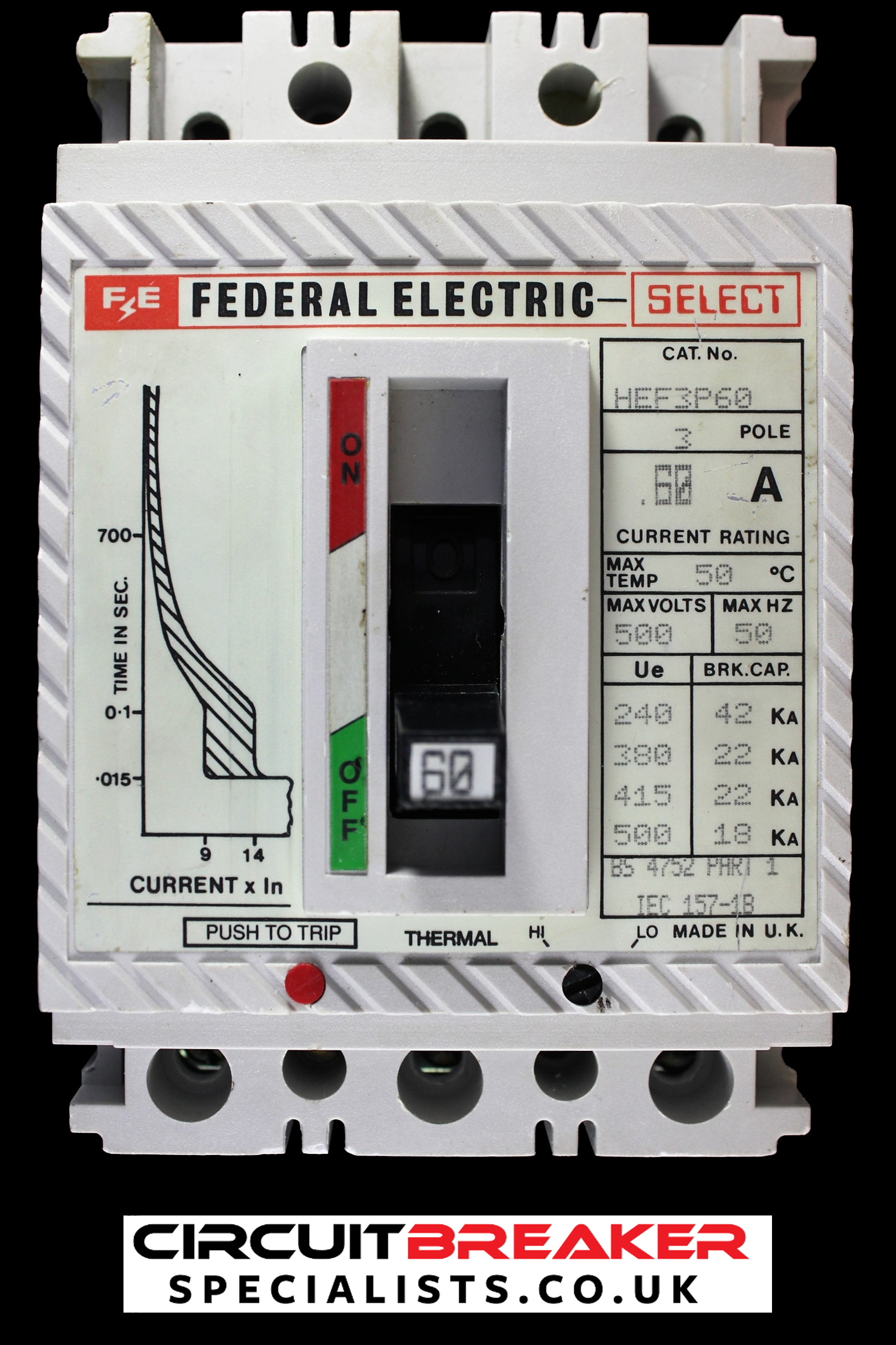 FEDERAL ELECTRIC 60 AMP 22kA TRIPLE POLE MCCB SELECT HEF3P60