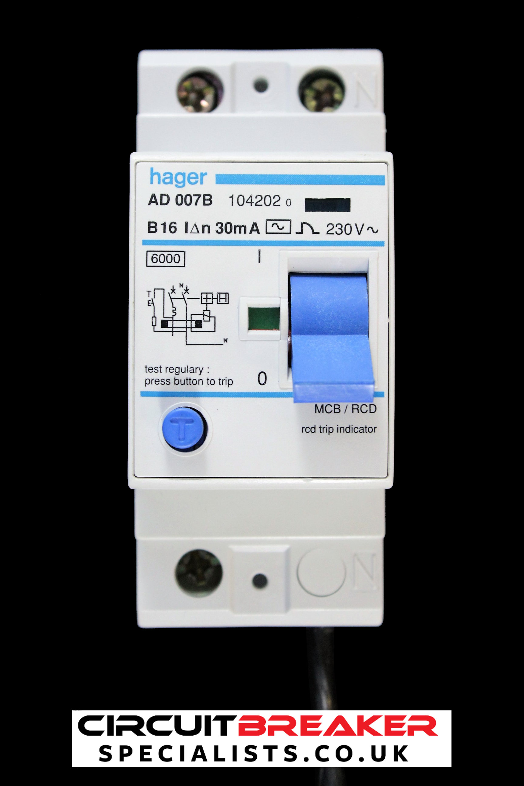 HAGER 16 AMP CURVE B 6kA 30mA DOUBLE POLE RCBO TYPE AC AD007B 104202