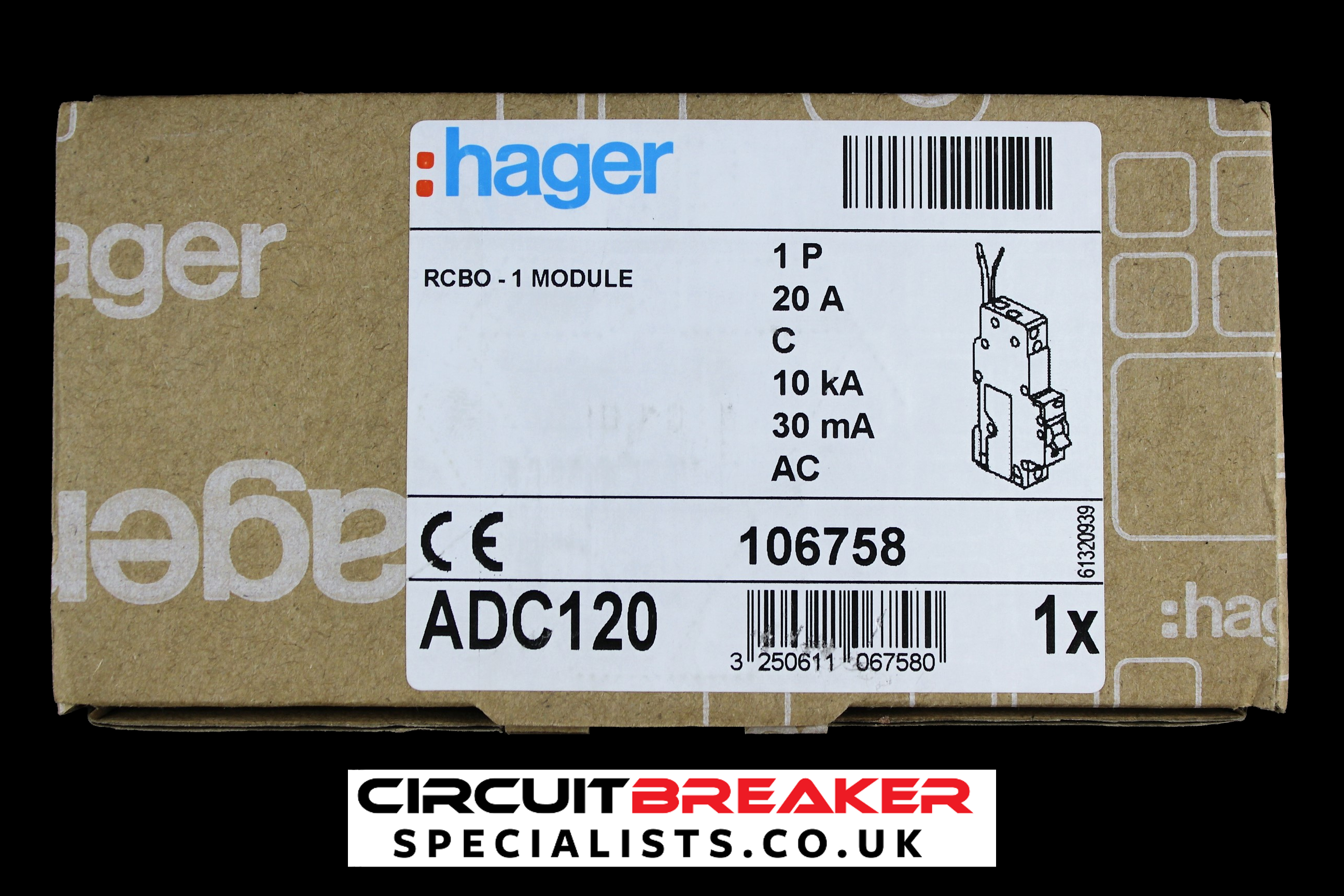 HAGER 20 AMP CURVE C 10kA 30mA RCBO TYPE AC ADC120 106758