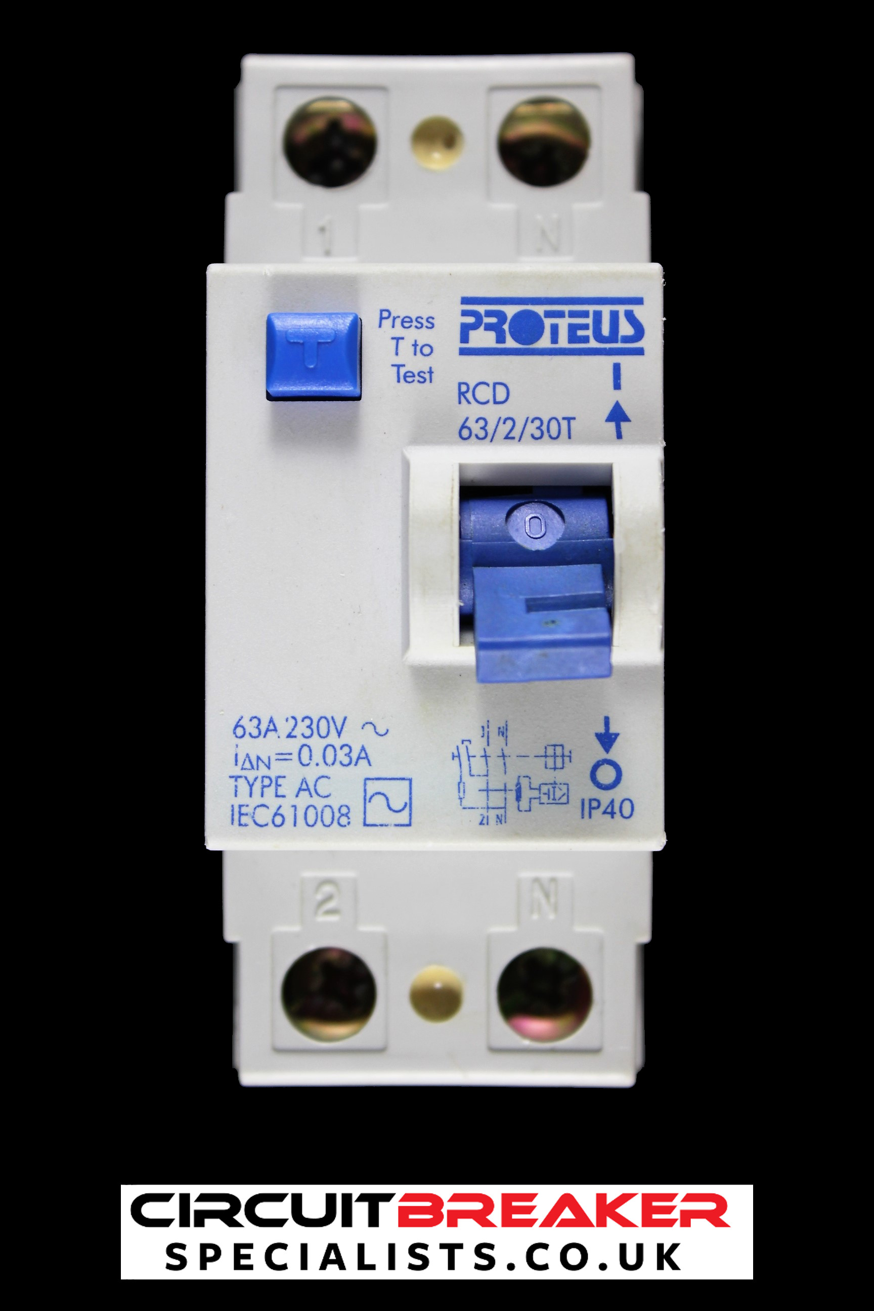 PROTEUS 63 AMP 30mA DOUBLE POLE RCD TYPE AC 63/2/30T BLUE