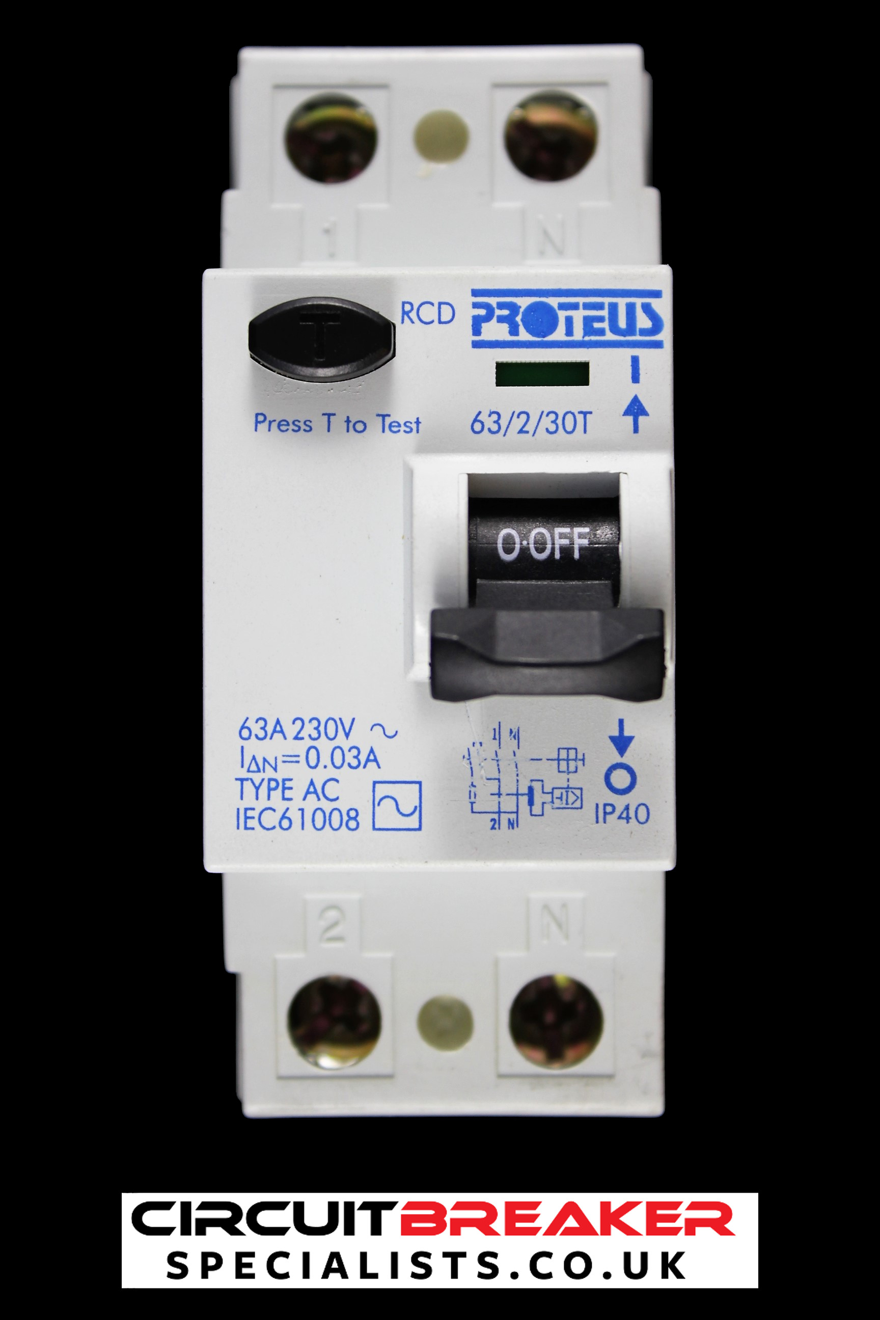 PROTEUS 63 AMP 30mA DOUBLE POLE RCD TYPE AC 63/2/30T