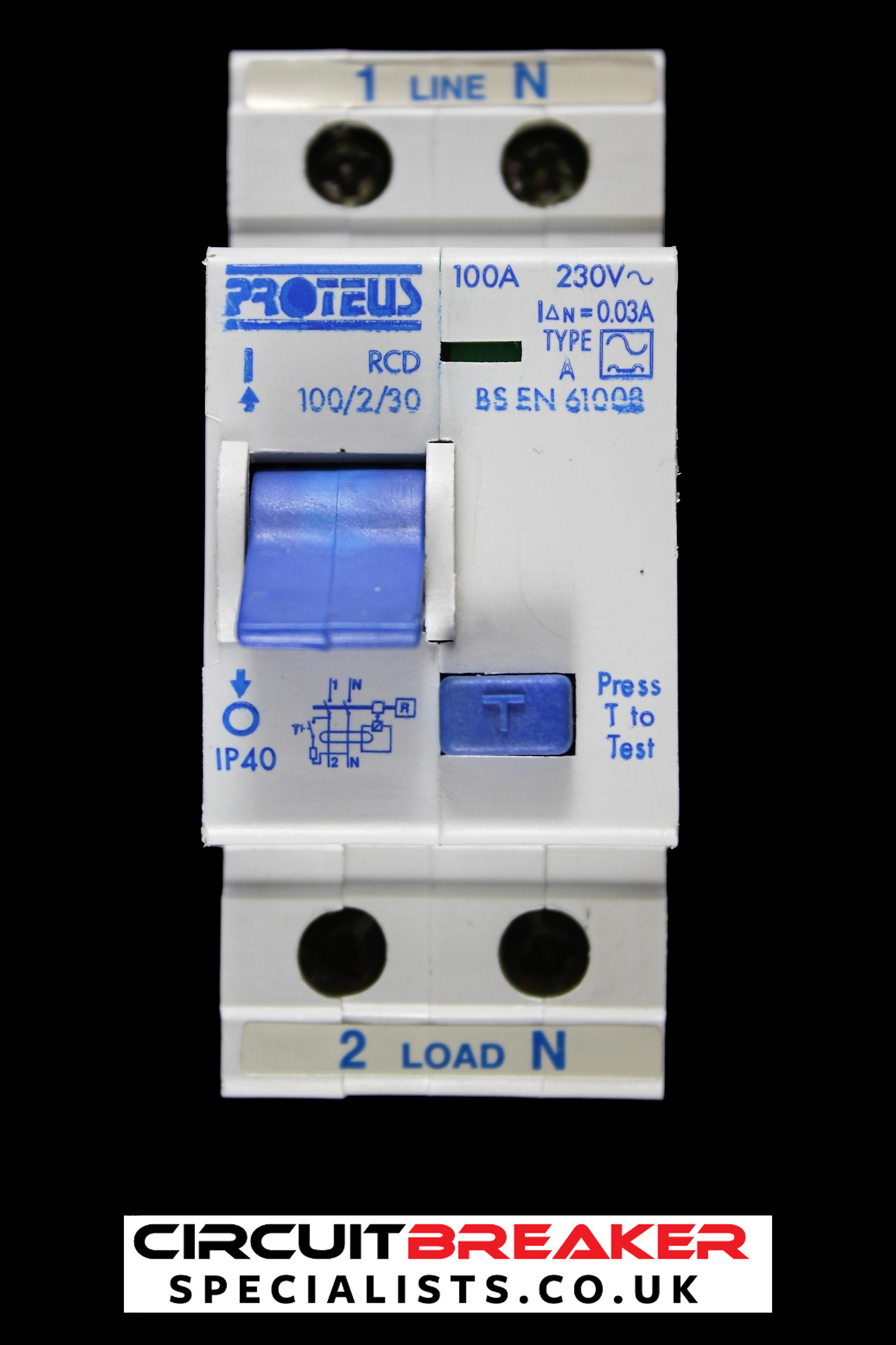 PROTEUS 100 AMP 30mA DOUBLE POLE RCD TYPE A 100/2/30