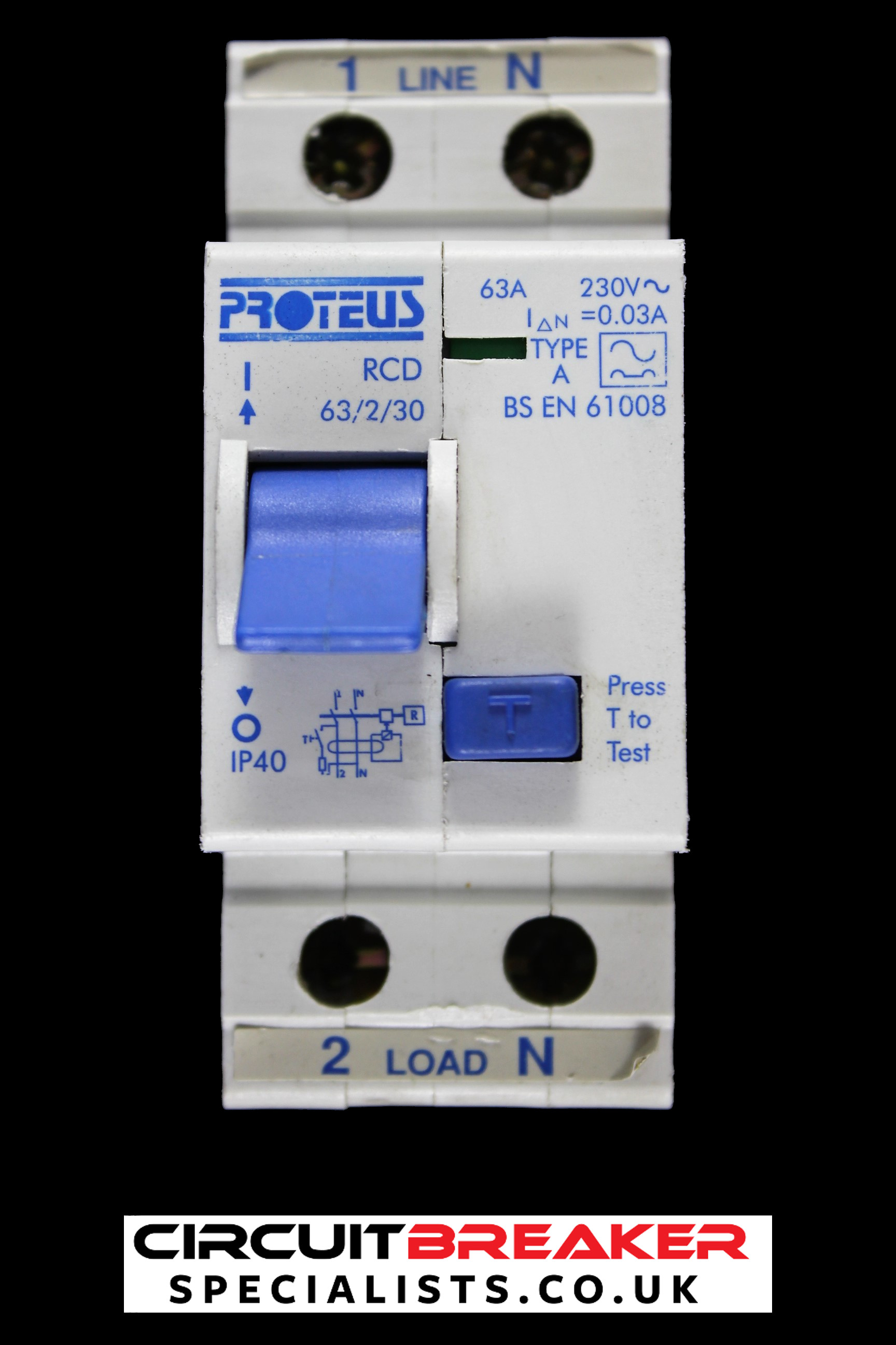 PROTEUS 63 AMP 30mA DOUBLE POLE RCD TYPE A 63/2/30 BLUE