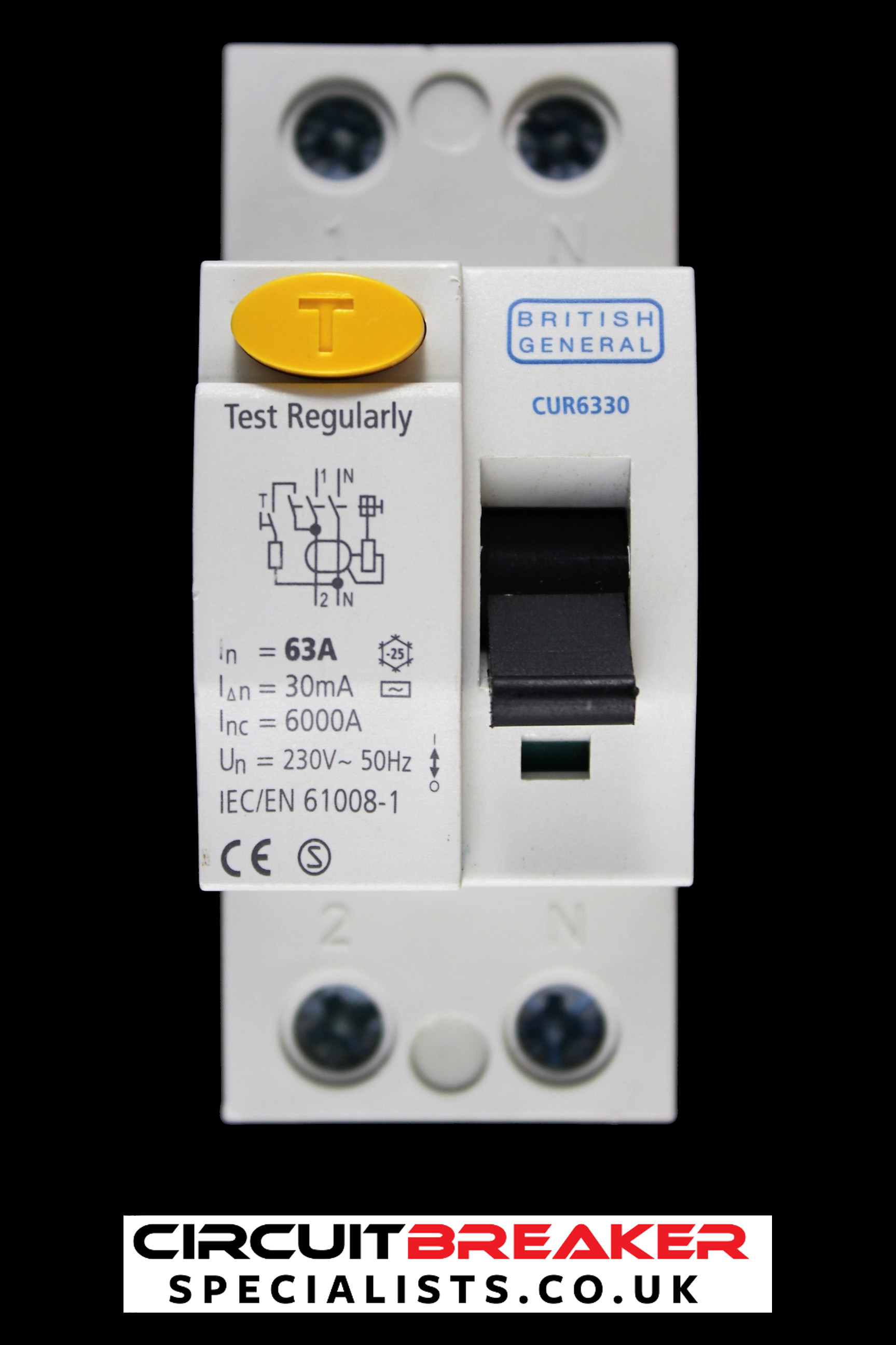BRITISH GENERAL 63 AMP 30mA DOUBLE POLE RCCB RCD CUR6330