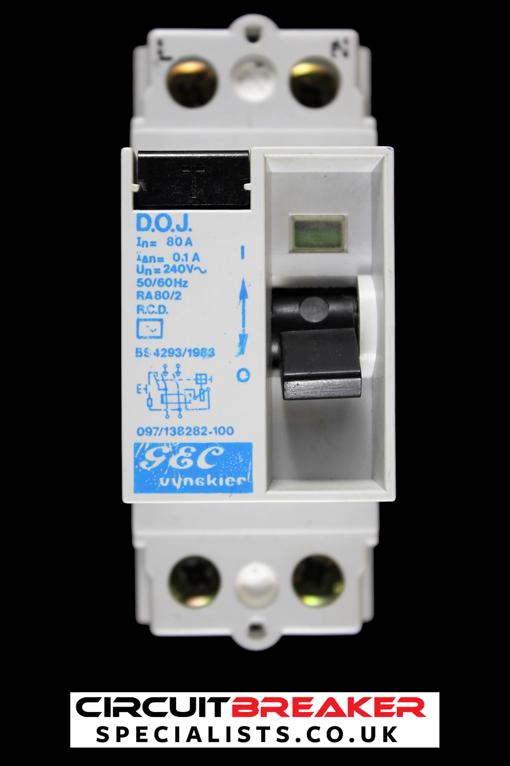 GEC VYNCKIER 80 AMP 100mA DOUBLE POLE RCD TYPE AC DOJ 097/138282-100 RA80/2
