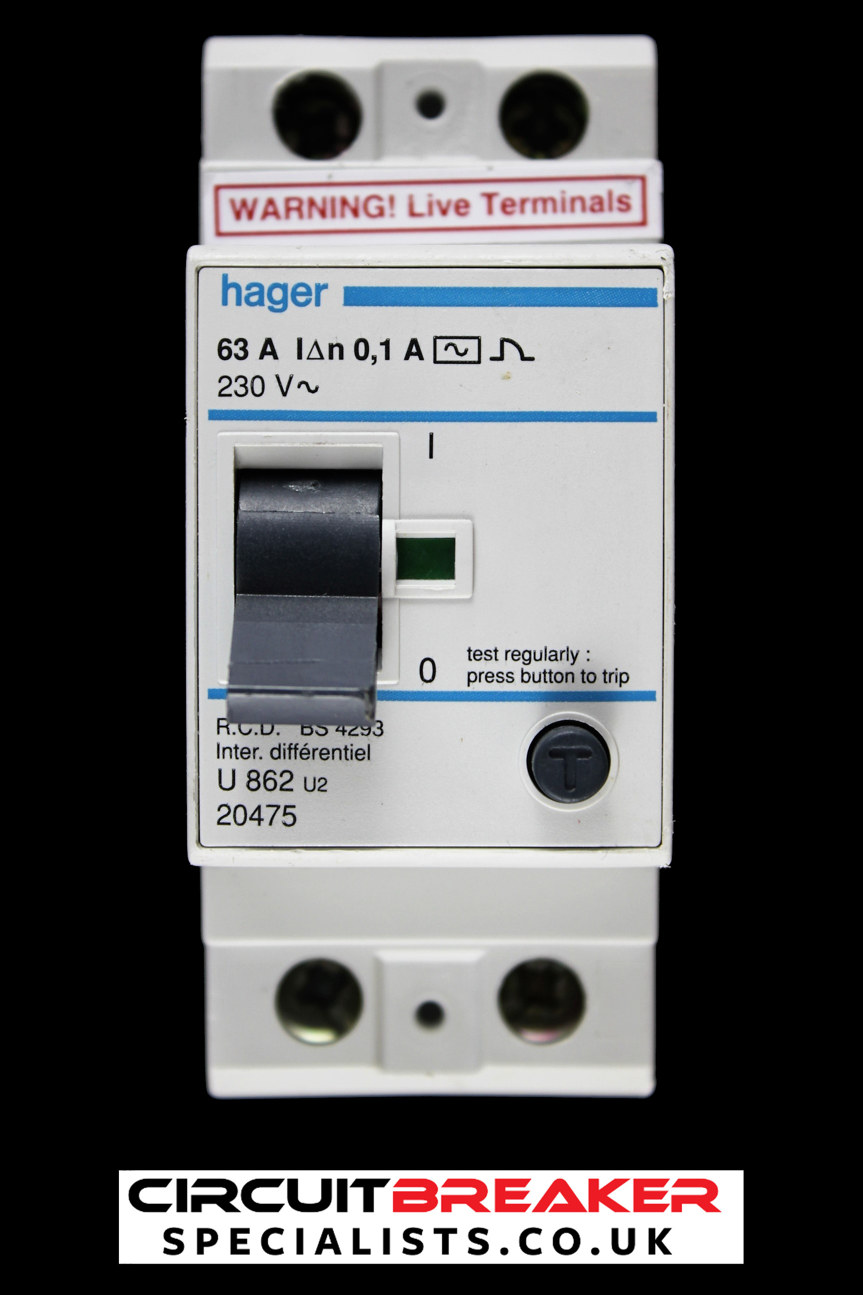 HAGER 63 AMP 100mA DOUBLE POLE RCD TYPE AC U862 U2 20475