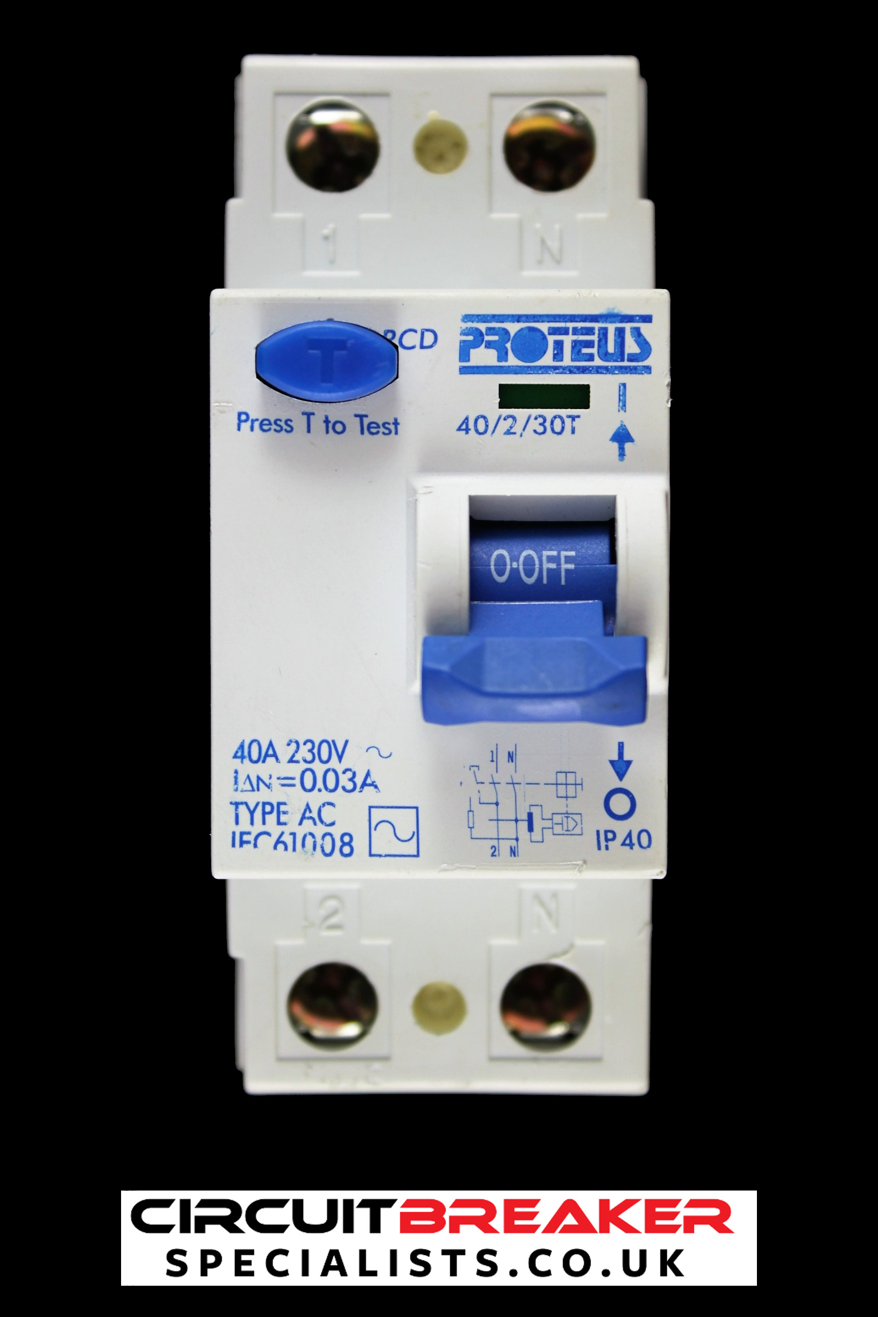 PROTEUS 40 AMP 30mA DOUBLE POLE RCD 40/2/30T BLUE