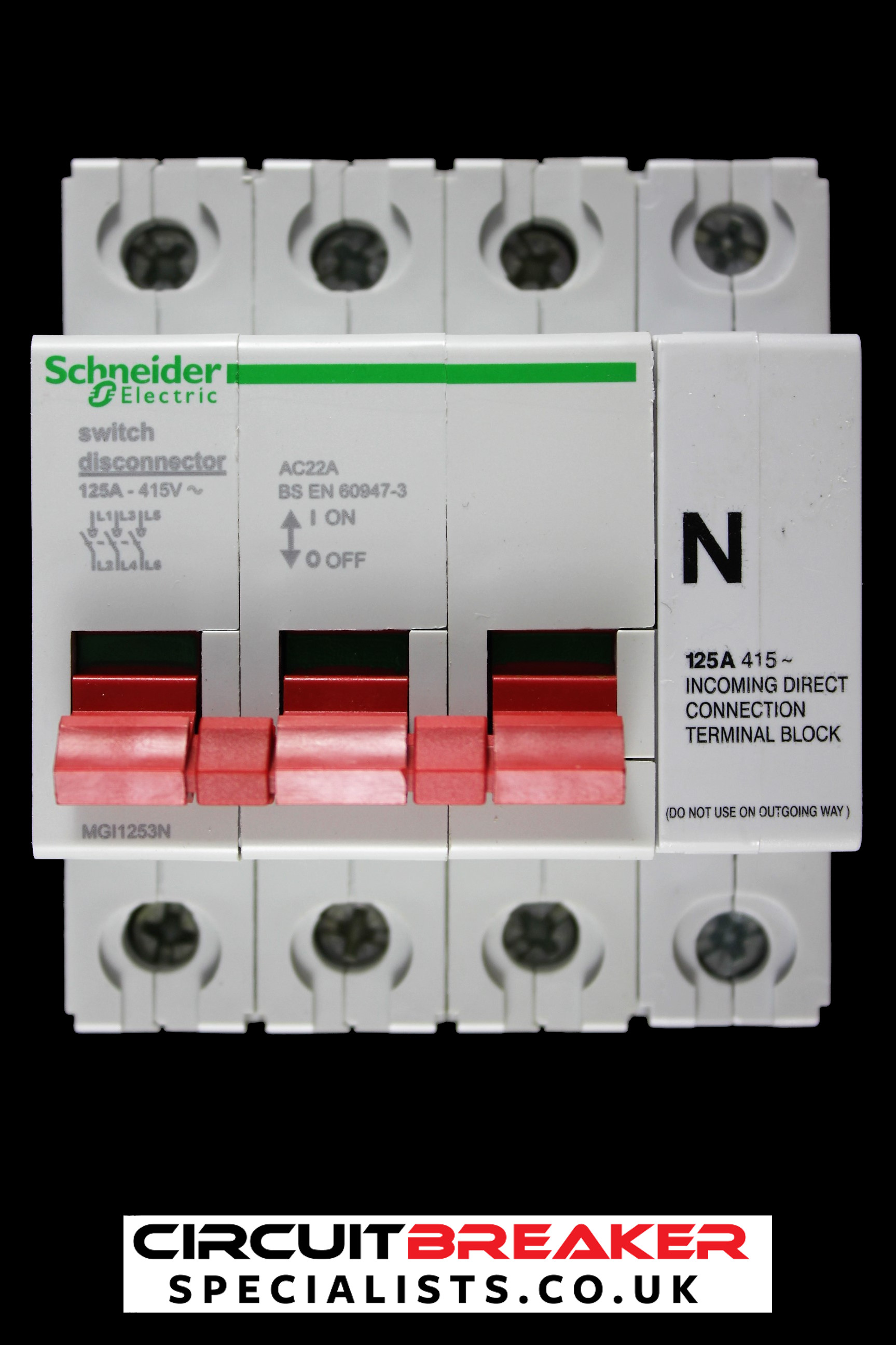 SCHNEIDER ELECTRIC 125 AMP FOUR POLE MAIN SWITCH DISCONNECTOR MGI1253N
