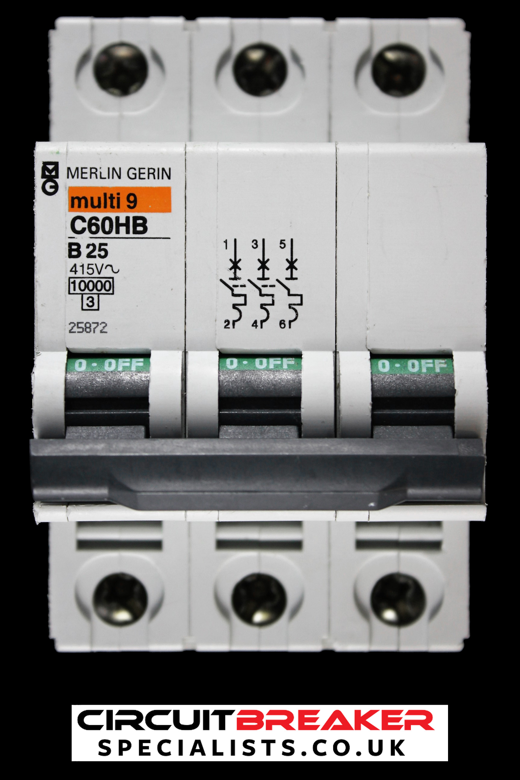MERLIN GERIN 25 AMP CURVE B 10kA TRIPLE POLE MCB CIRCUIT BREAKER C60HB 25872