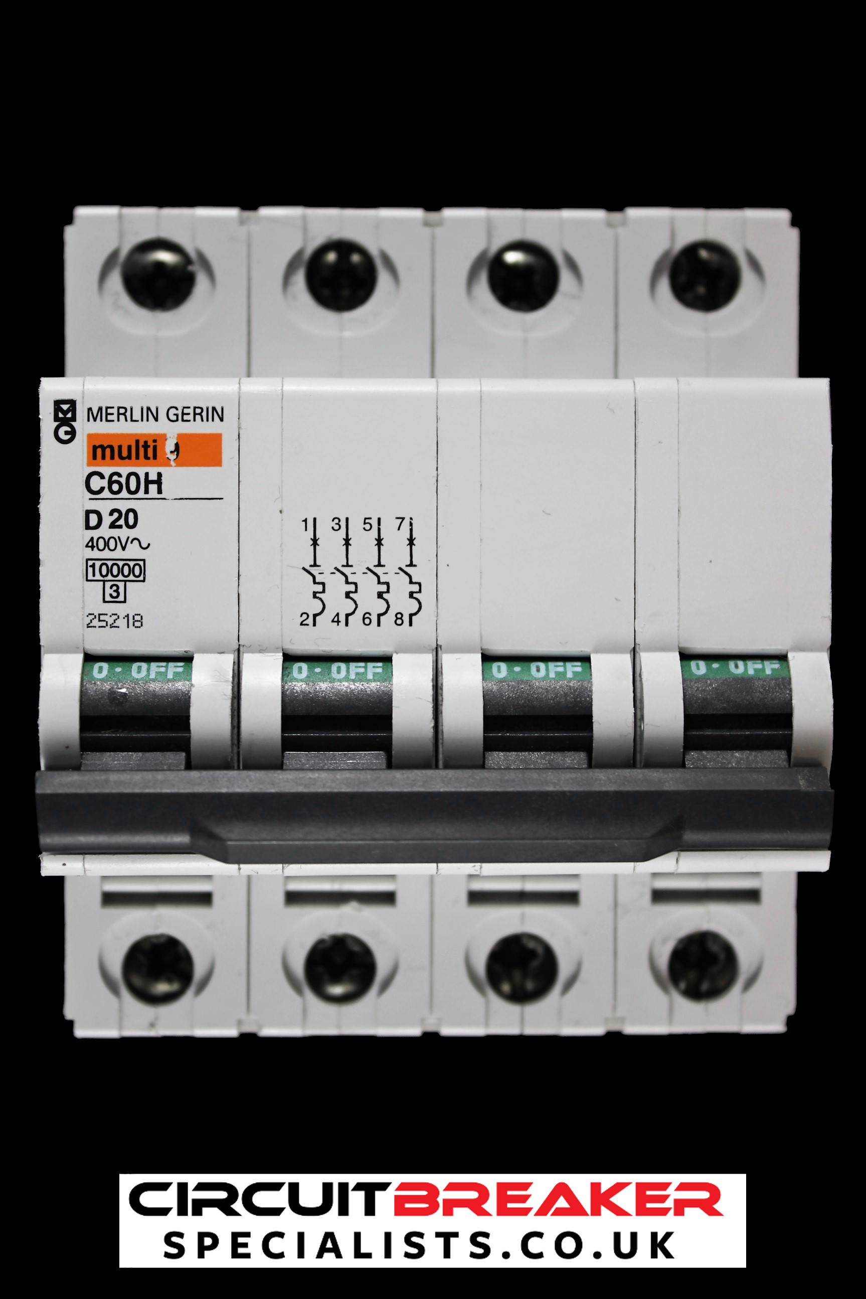 Merlin Amp MERLIN GERIN 20 AMP CURVE D 10kA FOUR POLE MCB CIRCUIT BREAKER C60H ...