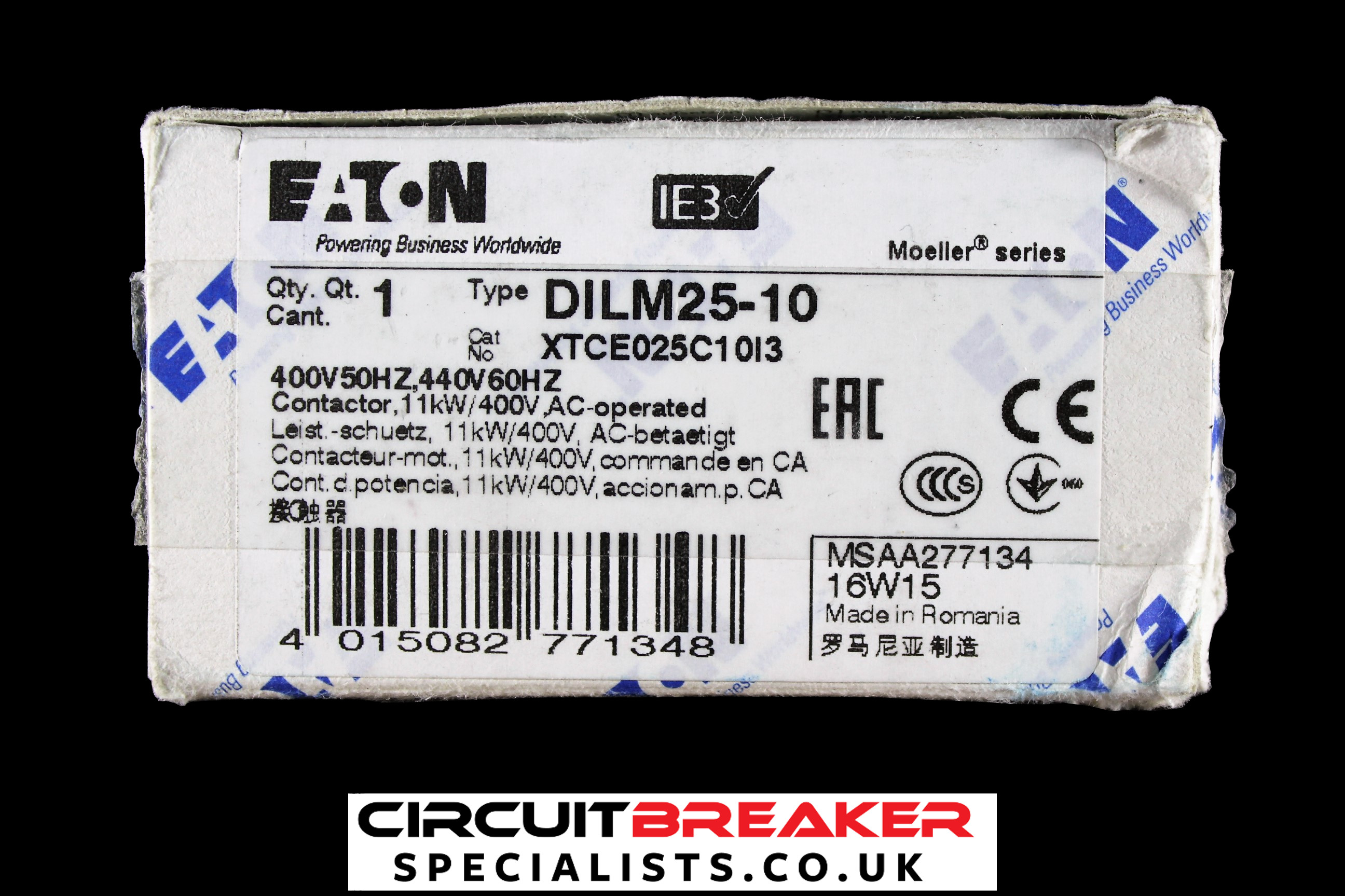 EATON 25 AMP 11kW NO CONTACTOR 400V AC DILM25-10 XTCE025C10