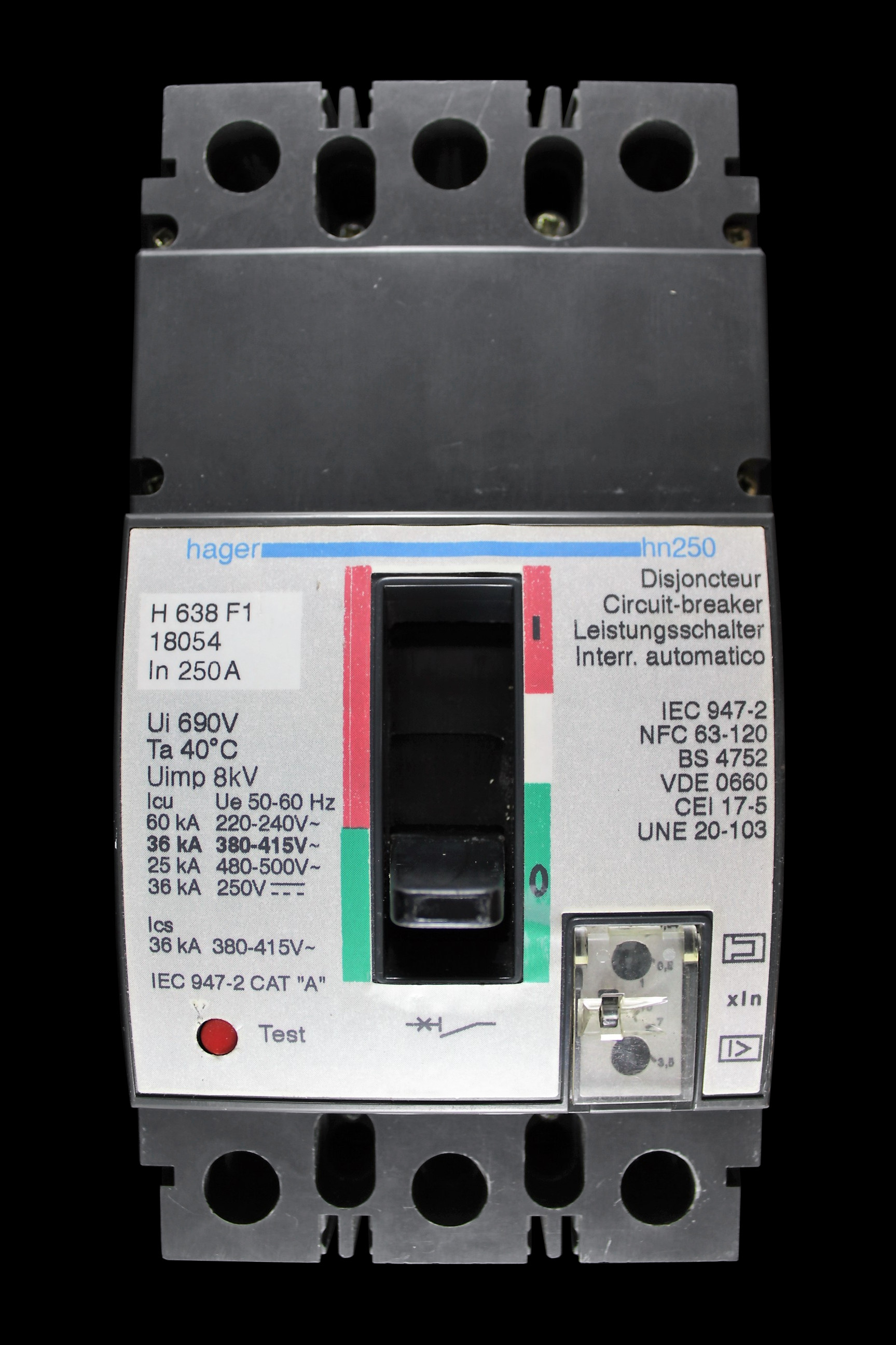HAGER 250 AMP 36kA TRIPLE POLE MCCB H638 F1 18054 HN250