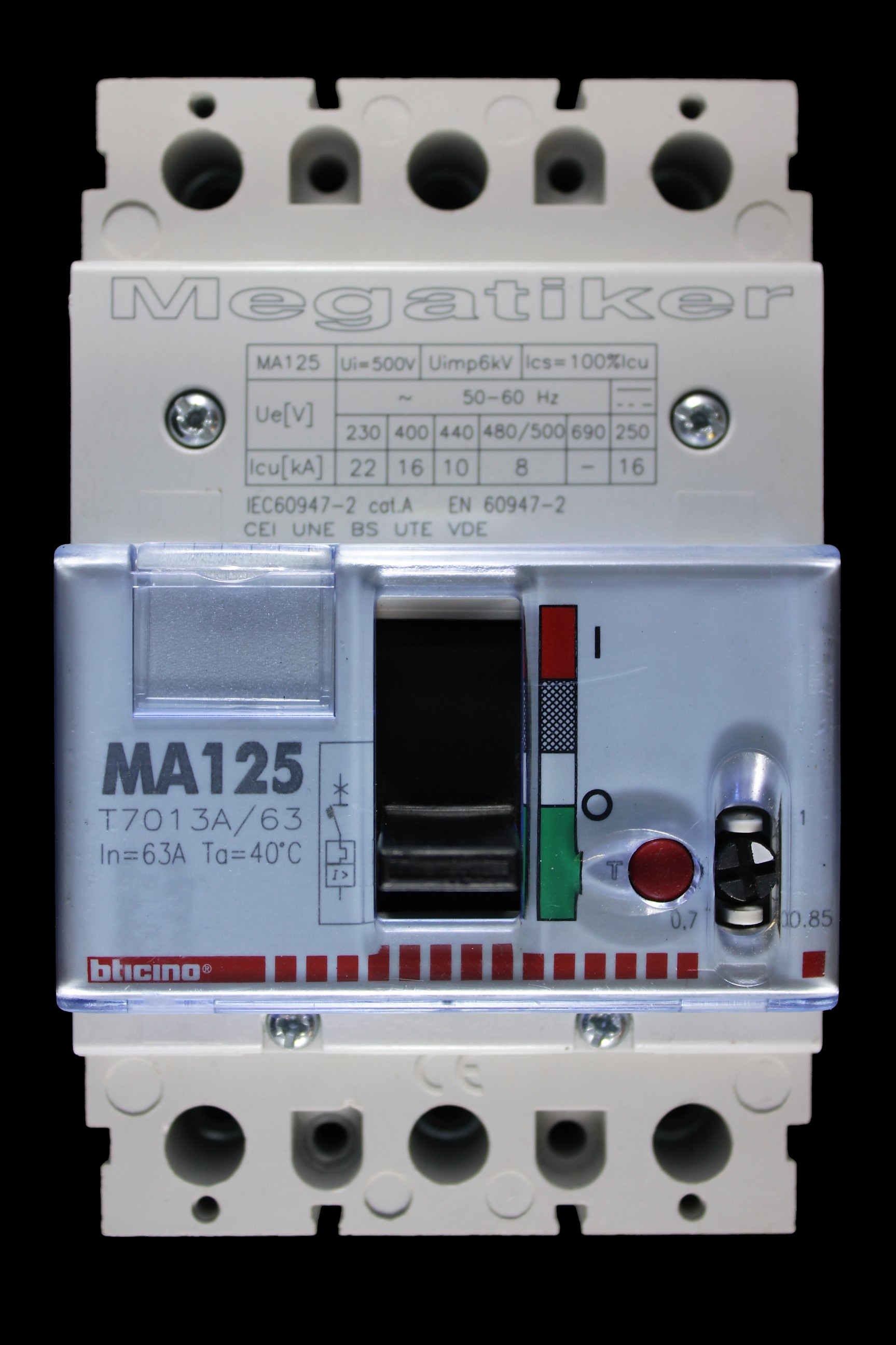 BTICINO 63 AMP 16kA TRIPLE POLE MCCB T7013A/63 MA125 MEGATIKER
