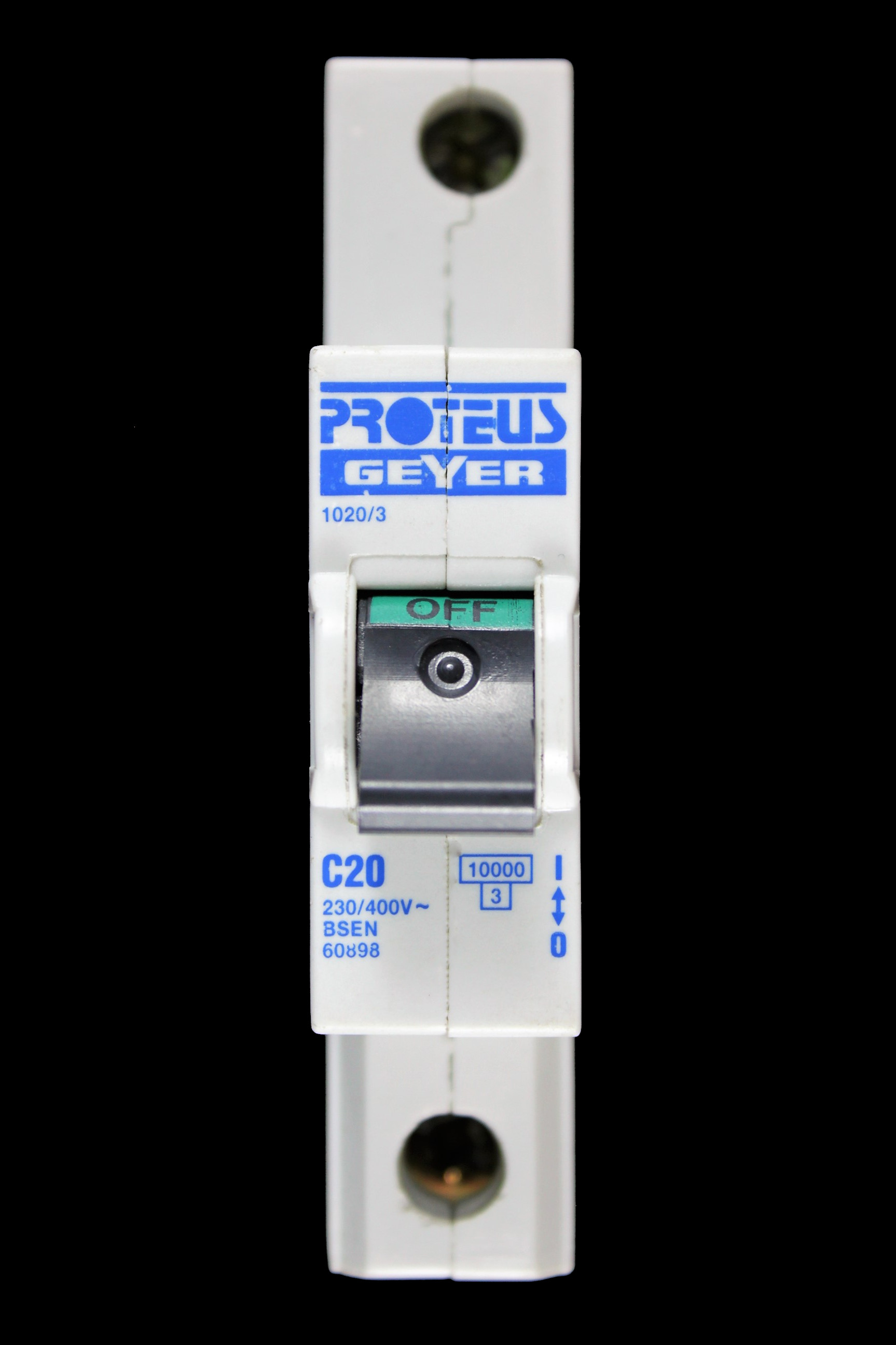 PROTEUS 20 AMP CURVE C 10kA MCB CIRCUIT BREAKER GEYER 1020/3 BLACK CLIP