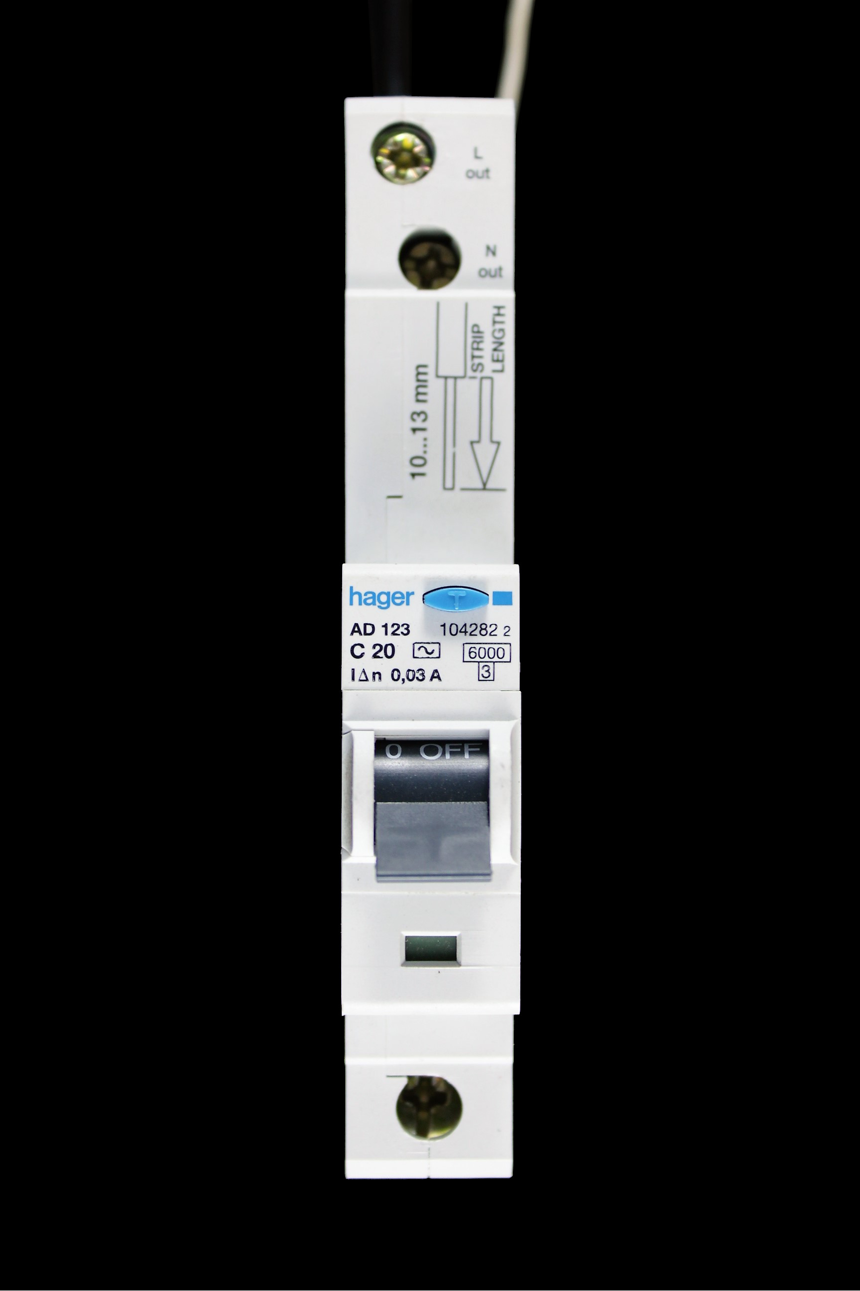 HAGER 20 AMP CURVE C 6kA 30mA RCBO TYPE AC AD123 104282