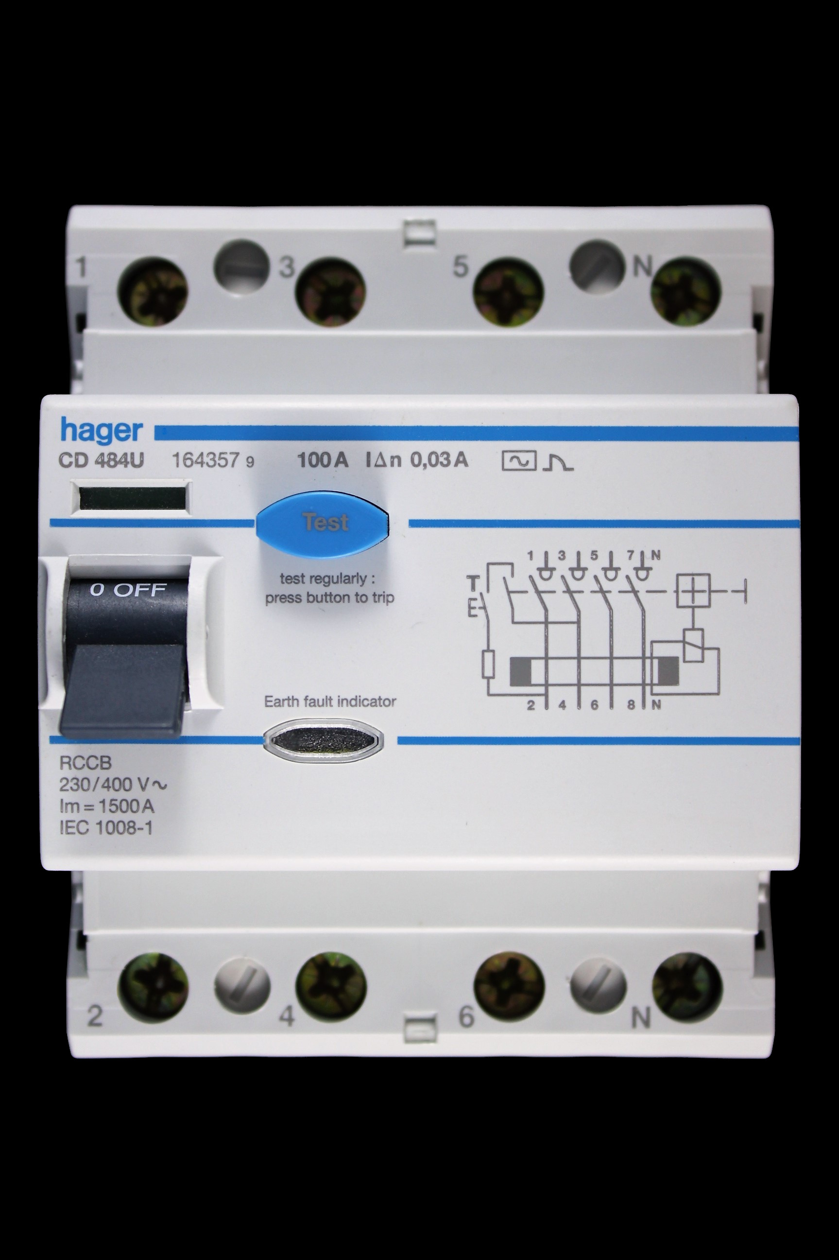 HAGER 100 AMP 30mA FOUR POLE RCCB RCD CD484U 164357