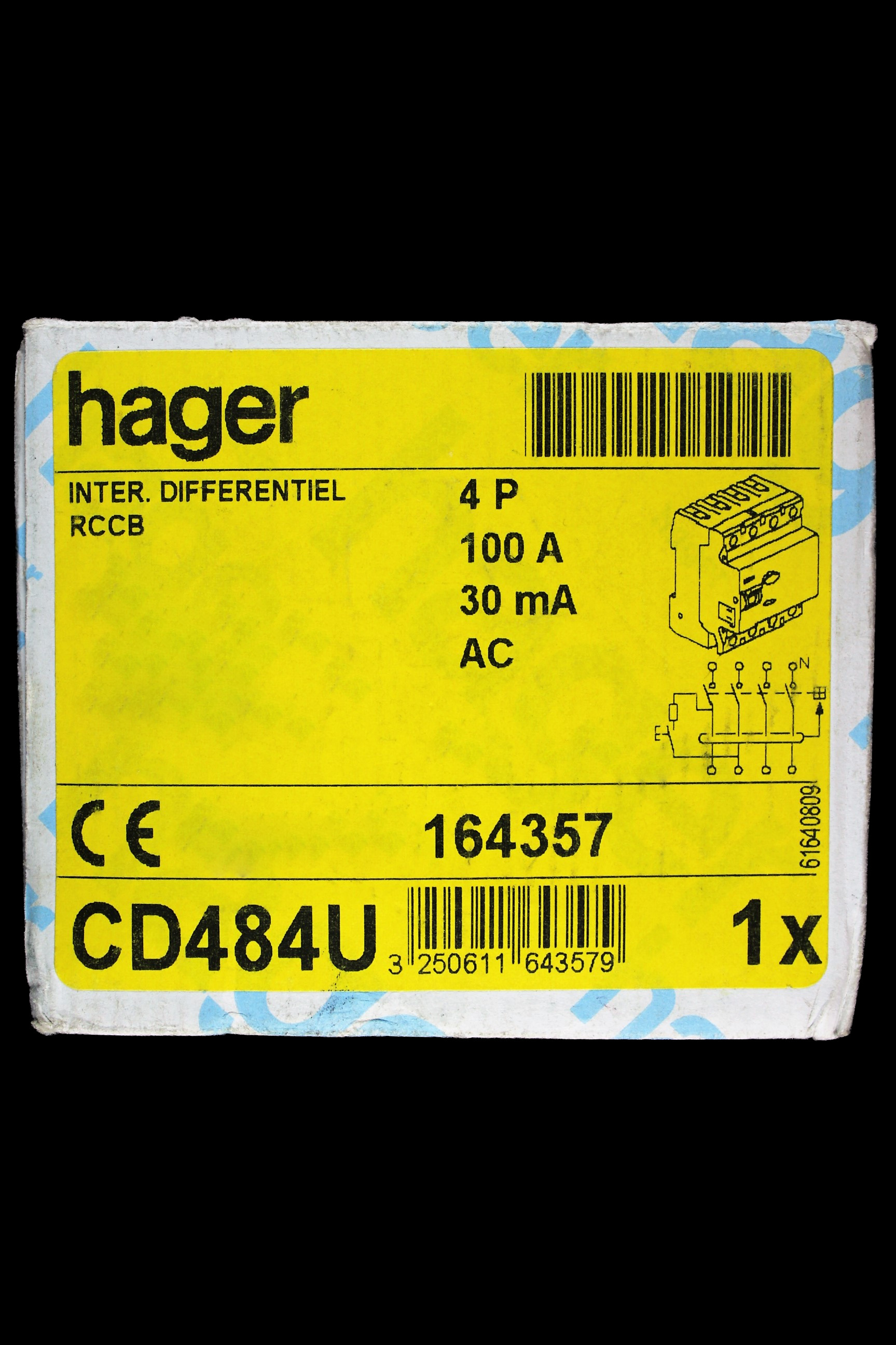 HAGER 100 AMP 30mA FOUR POLE RCCB RCD CD484U 164357