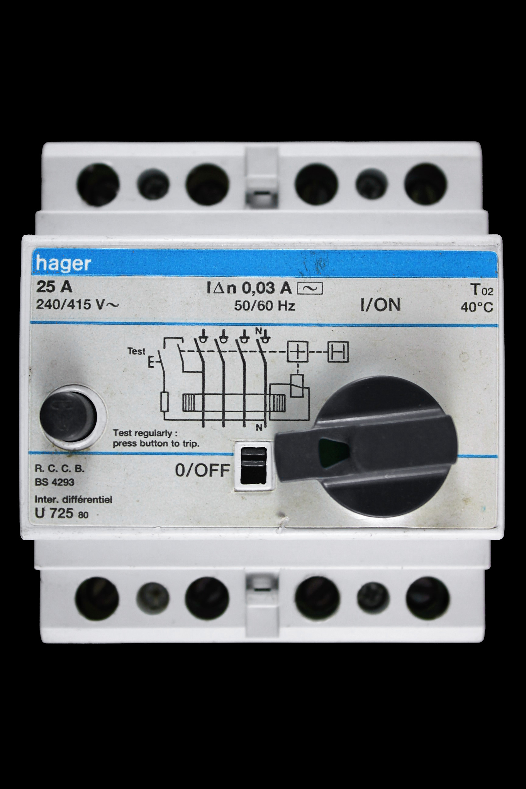 HAGER 25 AMP 30mA FOUR POLE RCCB RCD U725 80