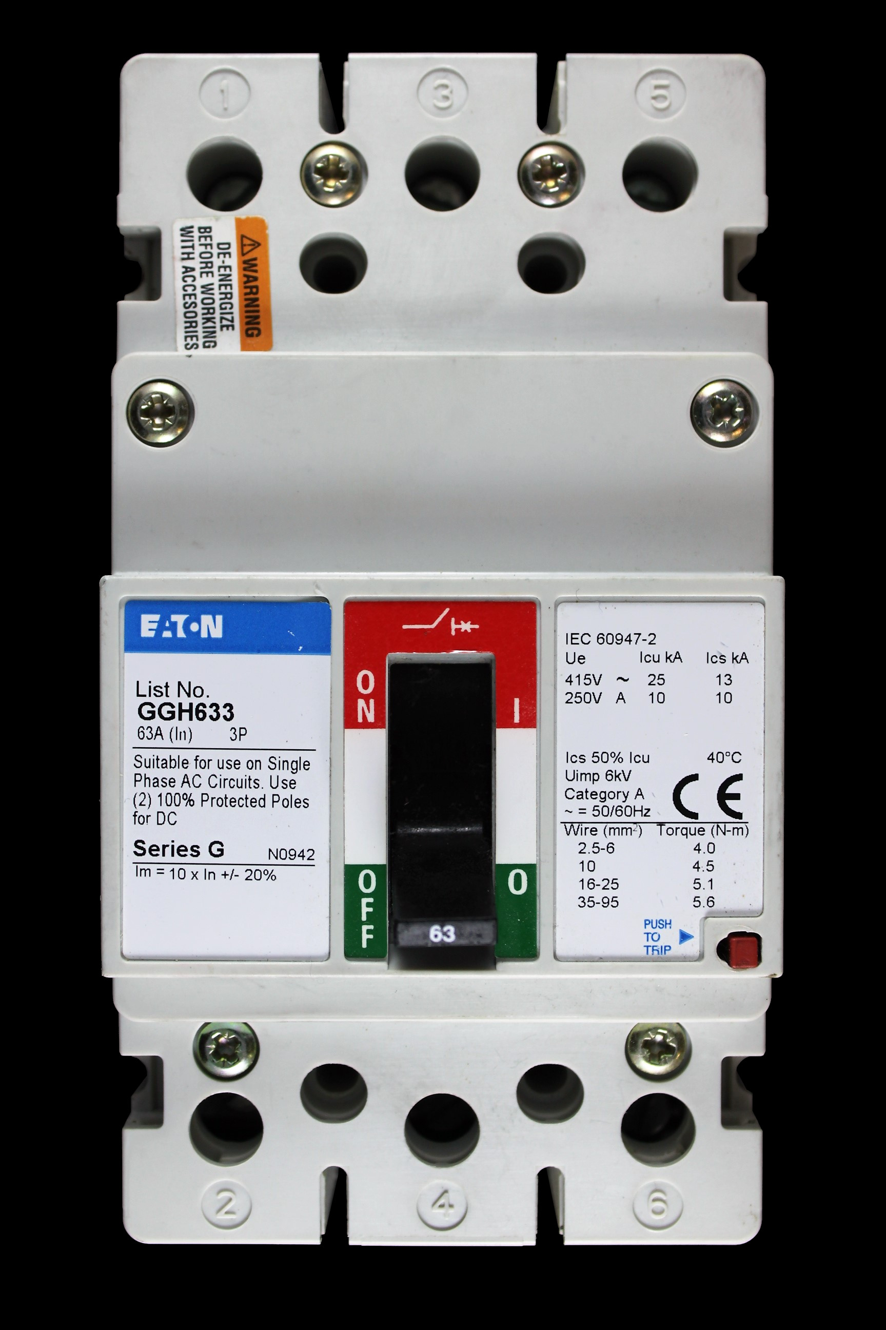 EATON 63 AMP 25kA TRIPLE POLE MCCB GGH633