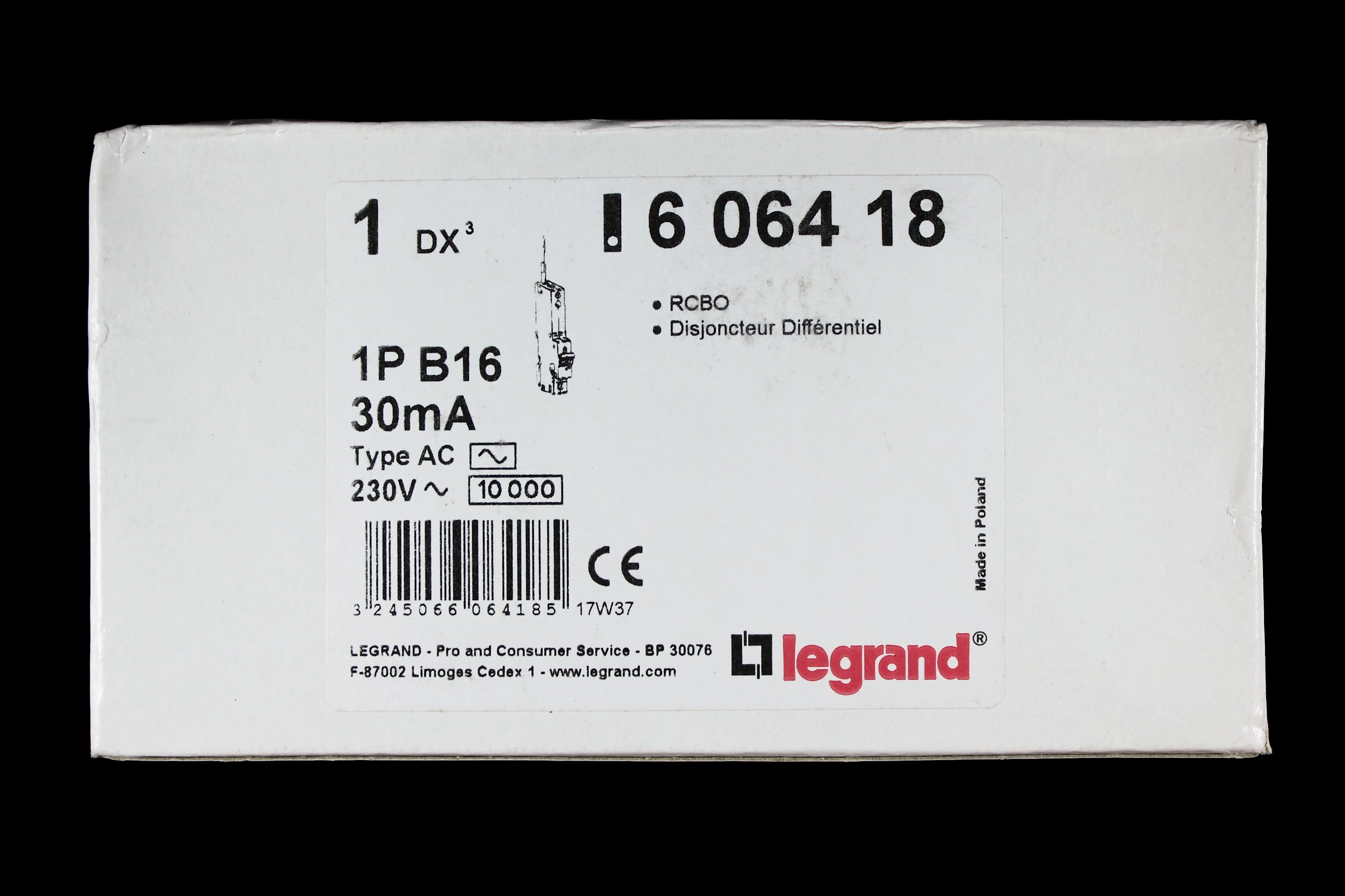 LEGRAND 16 AMP CURVE B 10kA 30mA RCBO TYPE AC DX3 6064 18