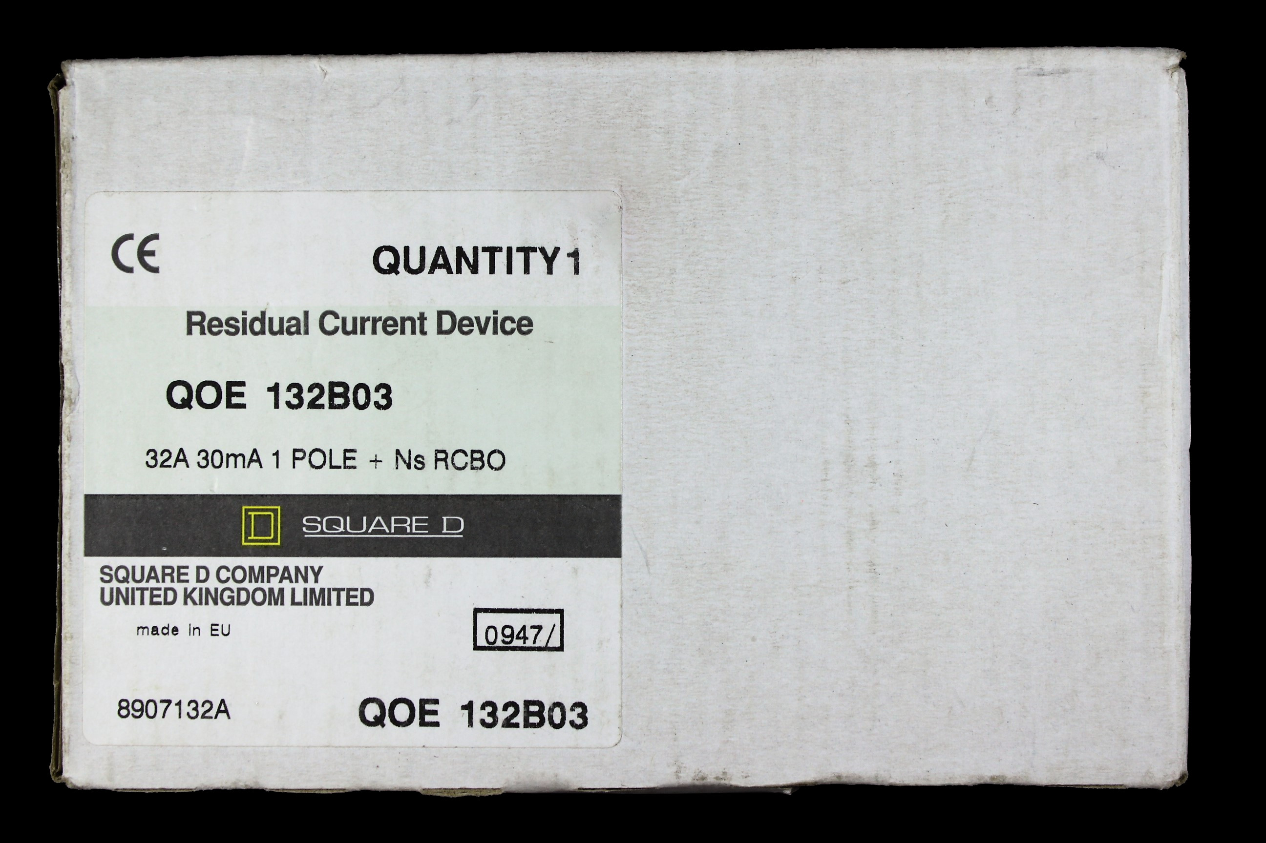 SQUARE D 32 AMP CURVE B 10kA 30mA RCBO TYPE AC QOE 132B03