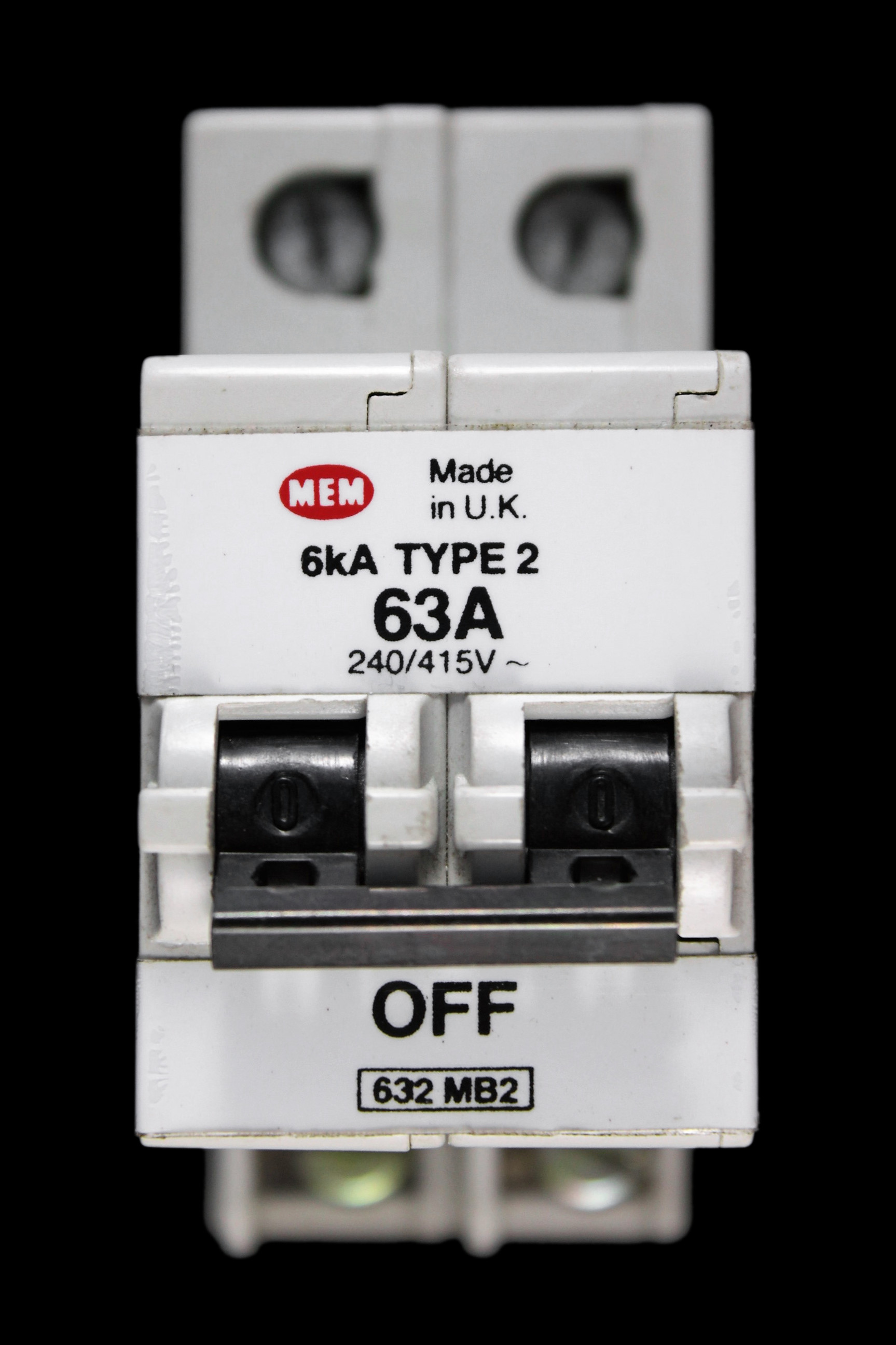 MEM 63 AMP TYPE 2 6kA DOUBLE POLE MCB CIRCUIT BREAKER 632MB2