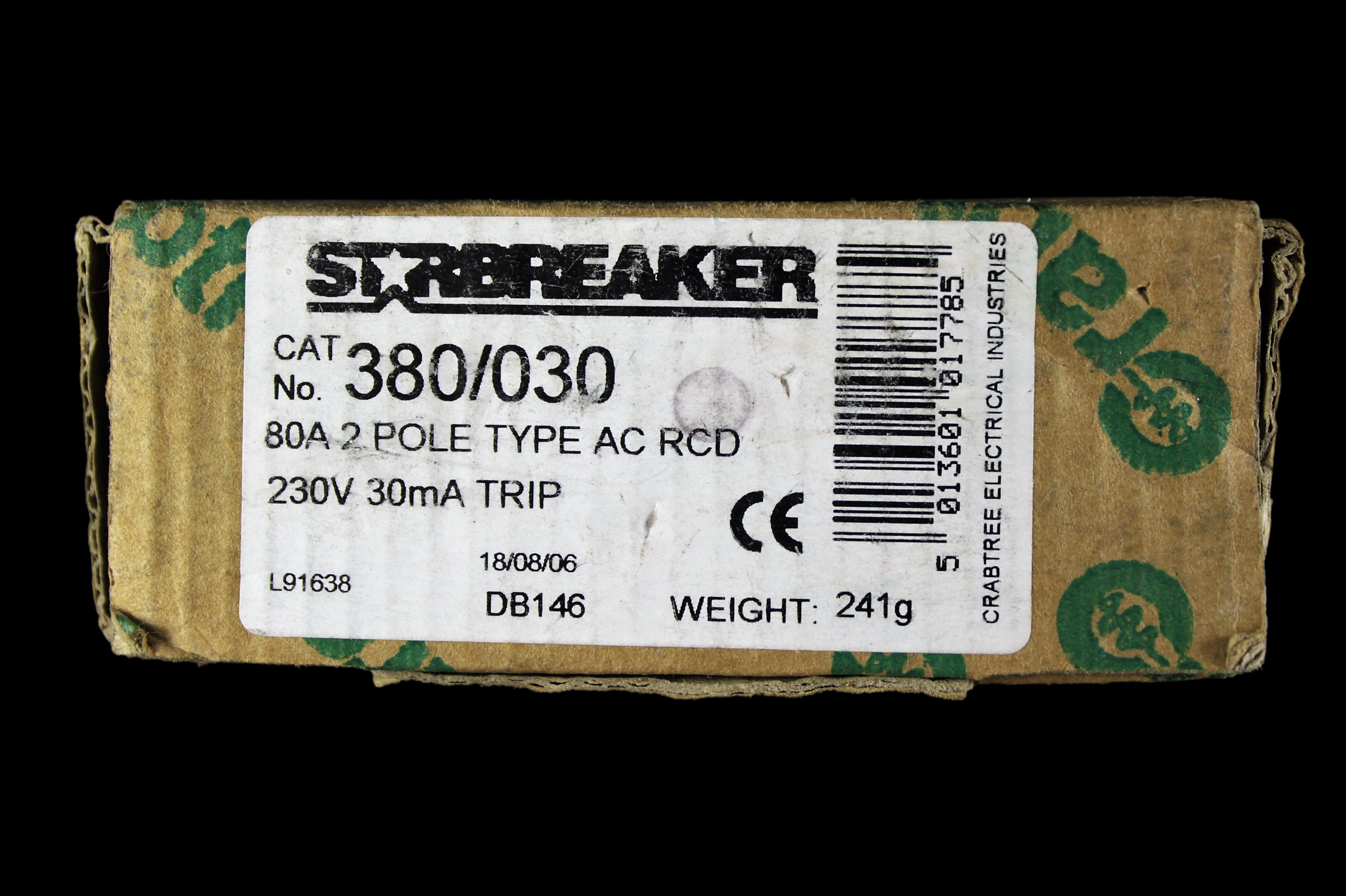 CRABTREE 80 AMP 30mA DOUBLE POLE RCCB RCD TYPE AC STARBREAKER 380/030