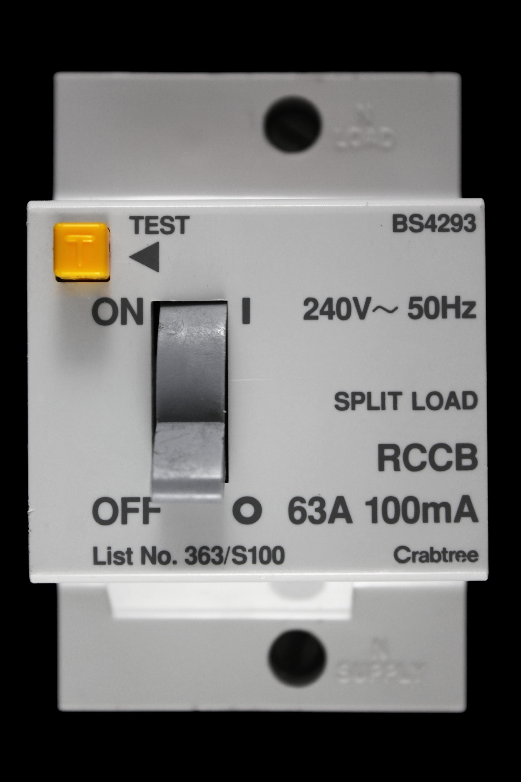 CRABTREE 63 AMP 100mA DOUBLE POLE RCCB RCD STARBREAKER 363/S100