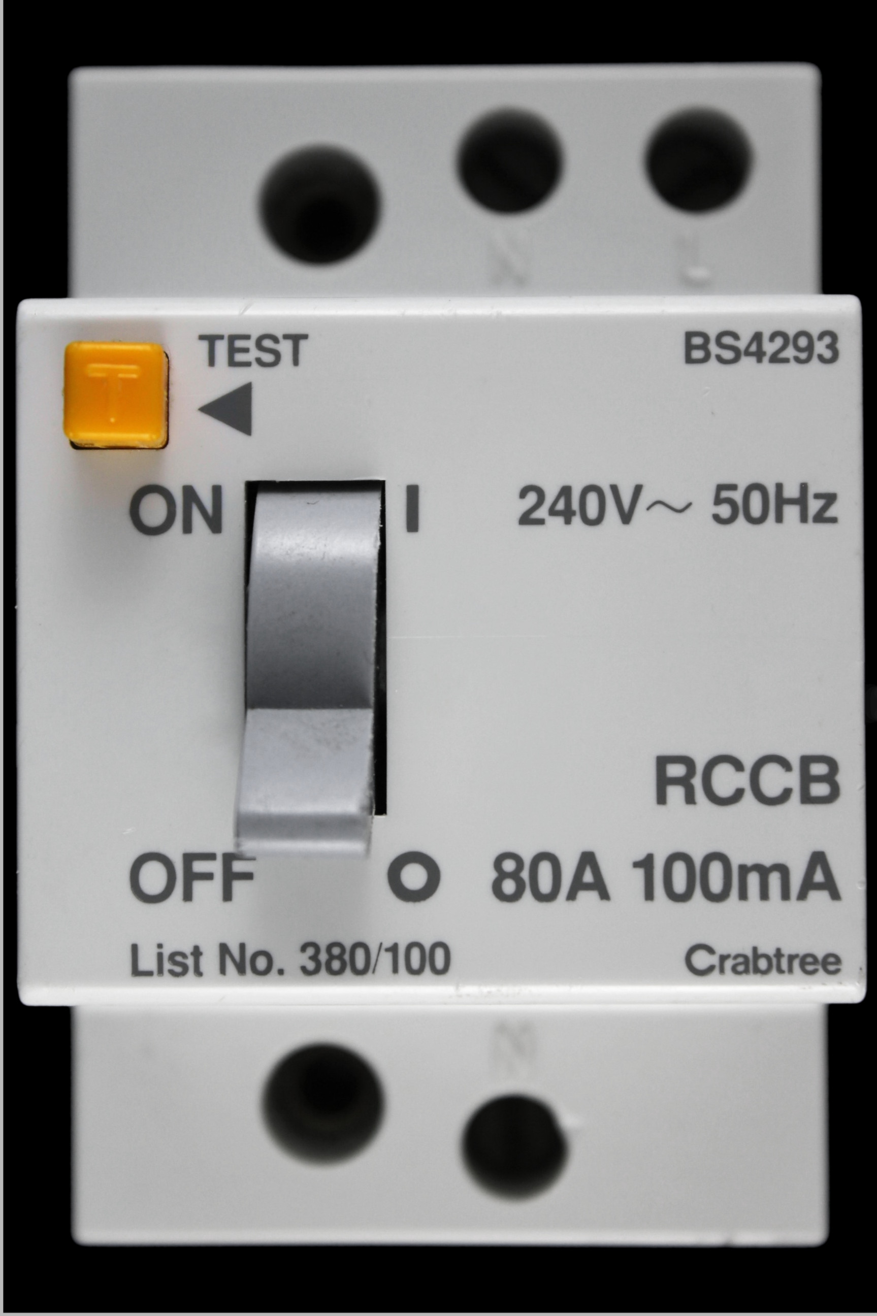 CRABTREE 80 AMP 100mA DOUBLE POLE RCCB RCD 380/100