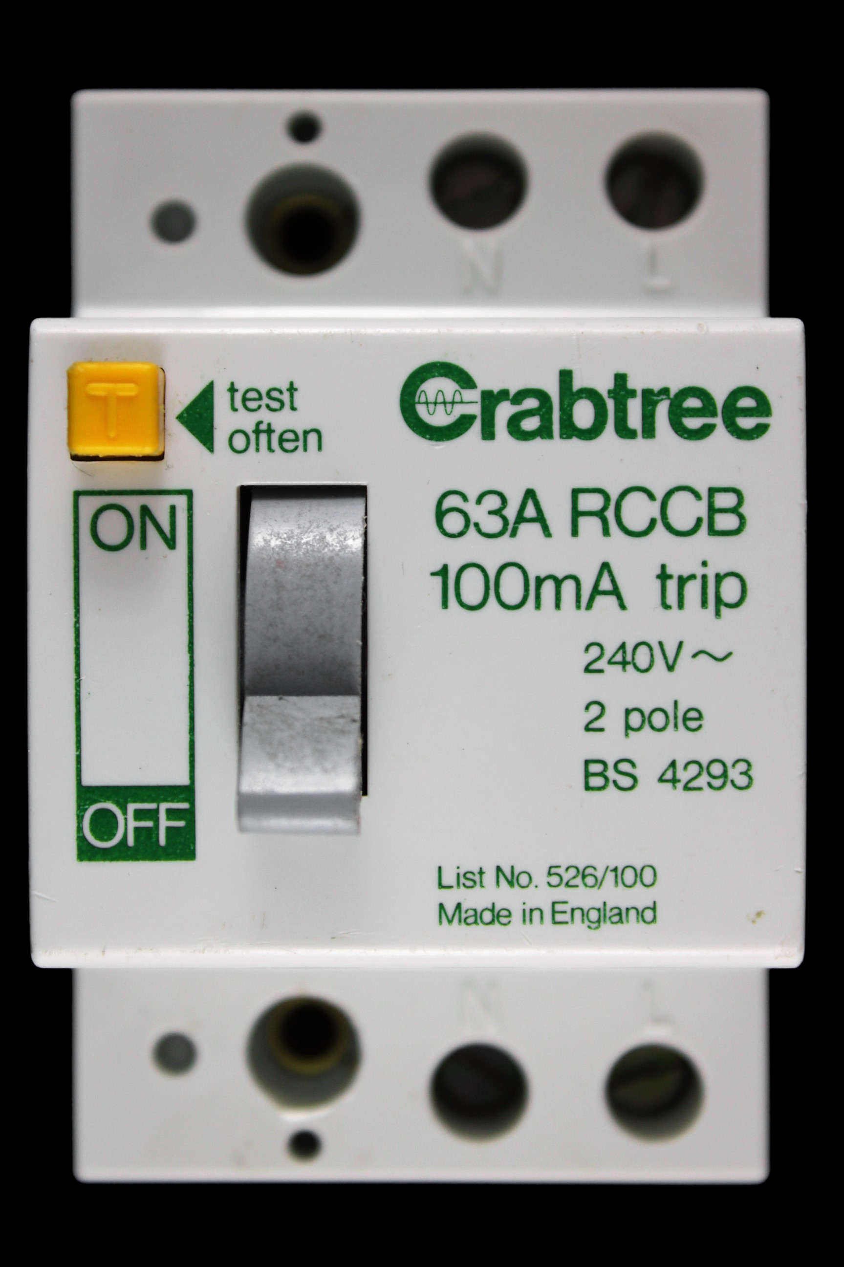 CRABTREE 63 RCCB RCD DOUBLE POLE 100mA 526/100