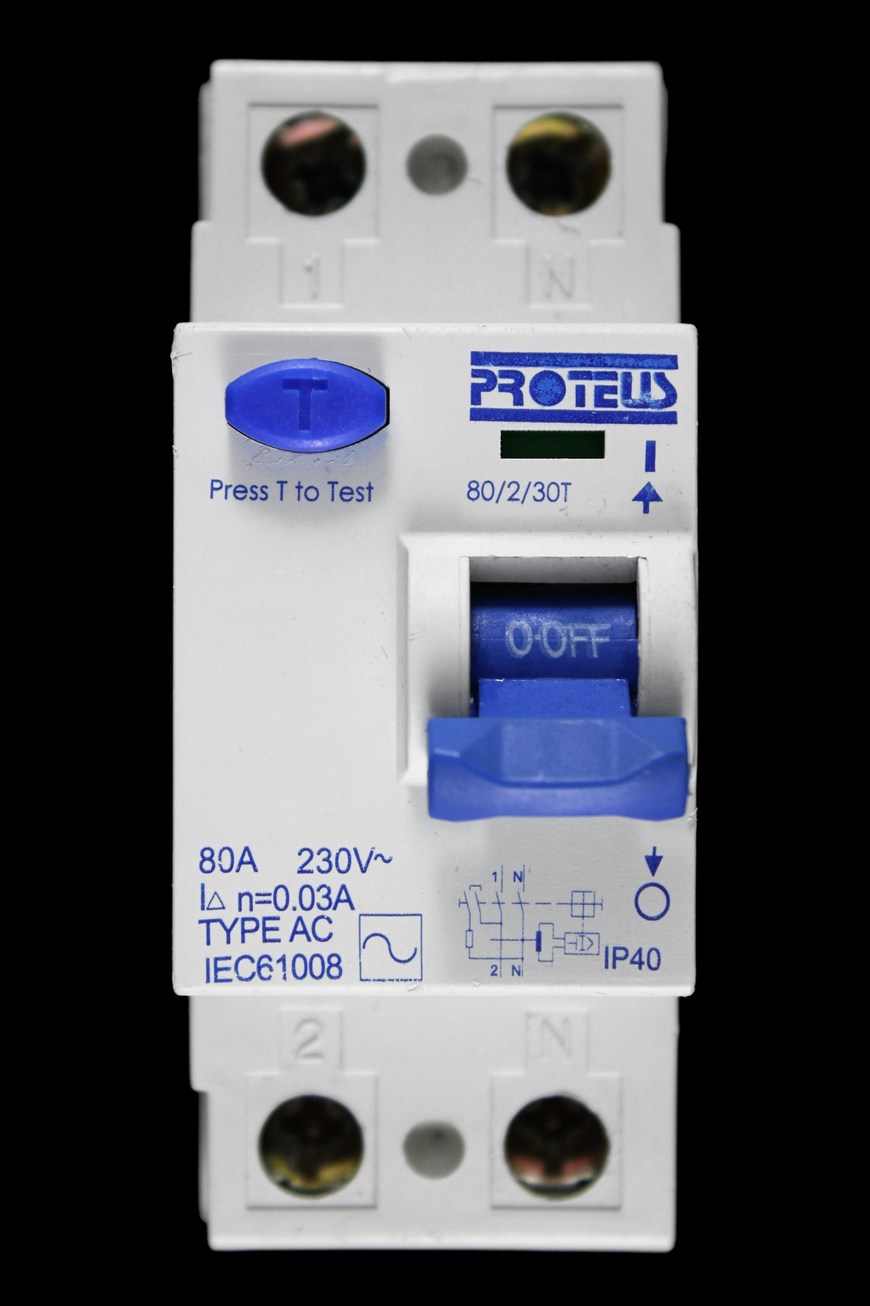 PROTEUS 80 AMP 30mA DOUBLE POLE RCD TYPE AC 80/2/30T BLUE