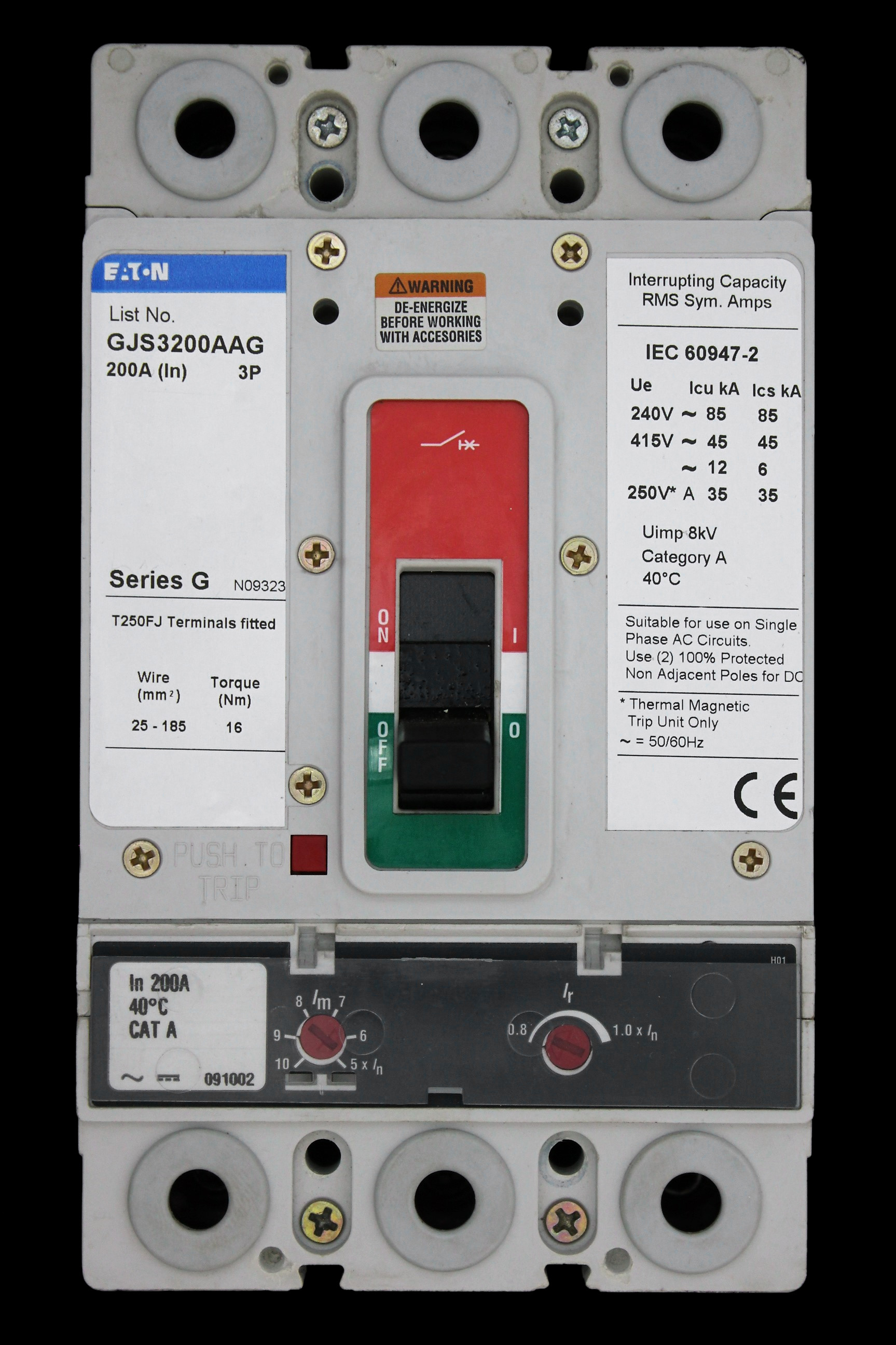 EATON 200 AMP 45kA TRIPLE POLE MCCB GJS3200AAG