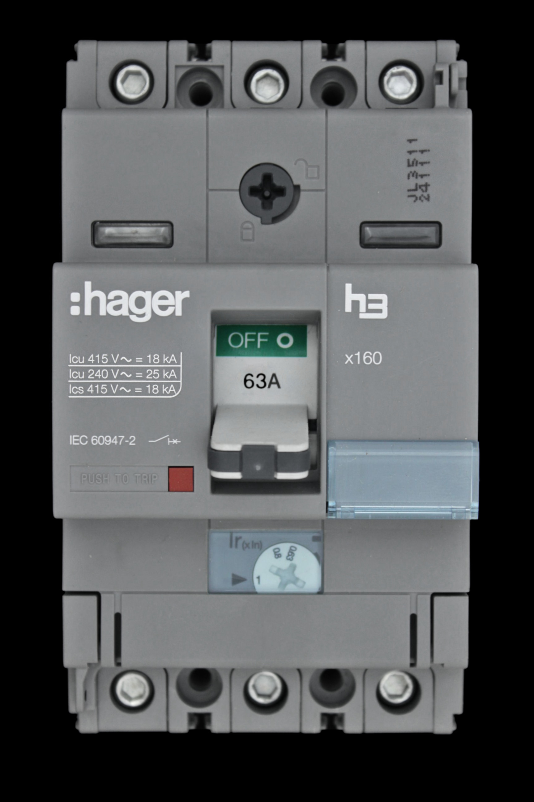 HAGER 63 AMP 18kA TRIPLE POLE MCCB HDA063U1 X160 313063