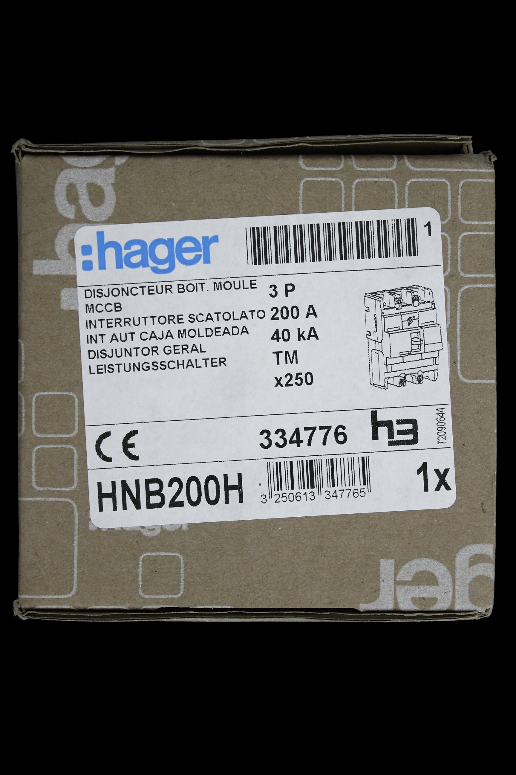 HAGER 200 AMP 40kA TRIPLE POLE MCCB HNB200H X250 334776