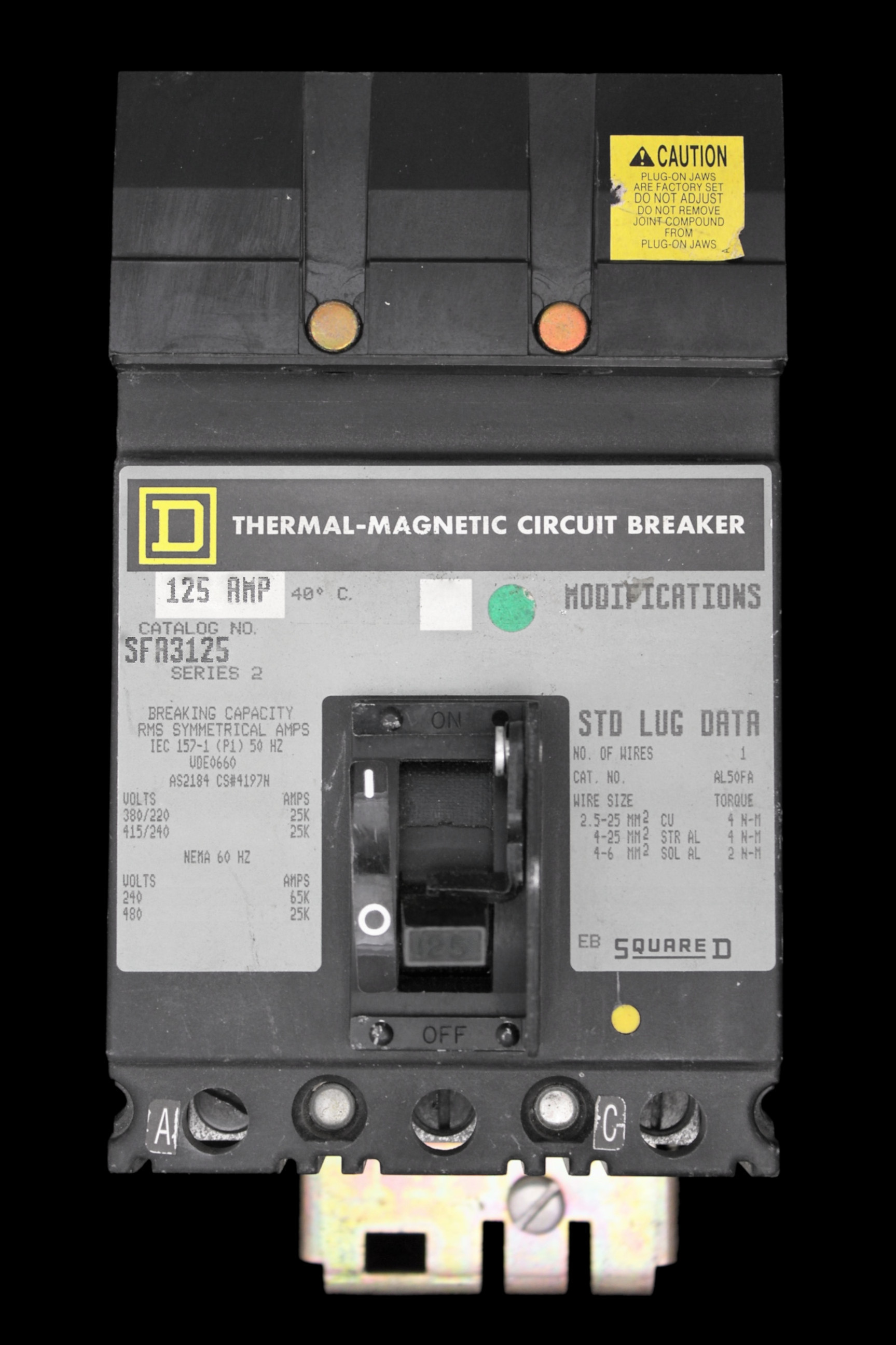 SQUARE D 125 AMP 25kA TRIPLE POLE MCCB SFA3125 SERIES 2