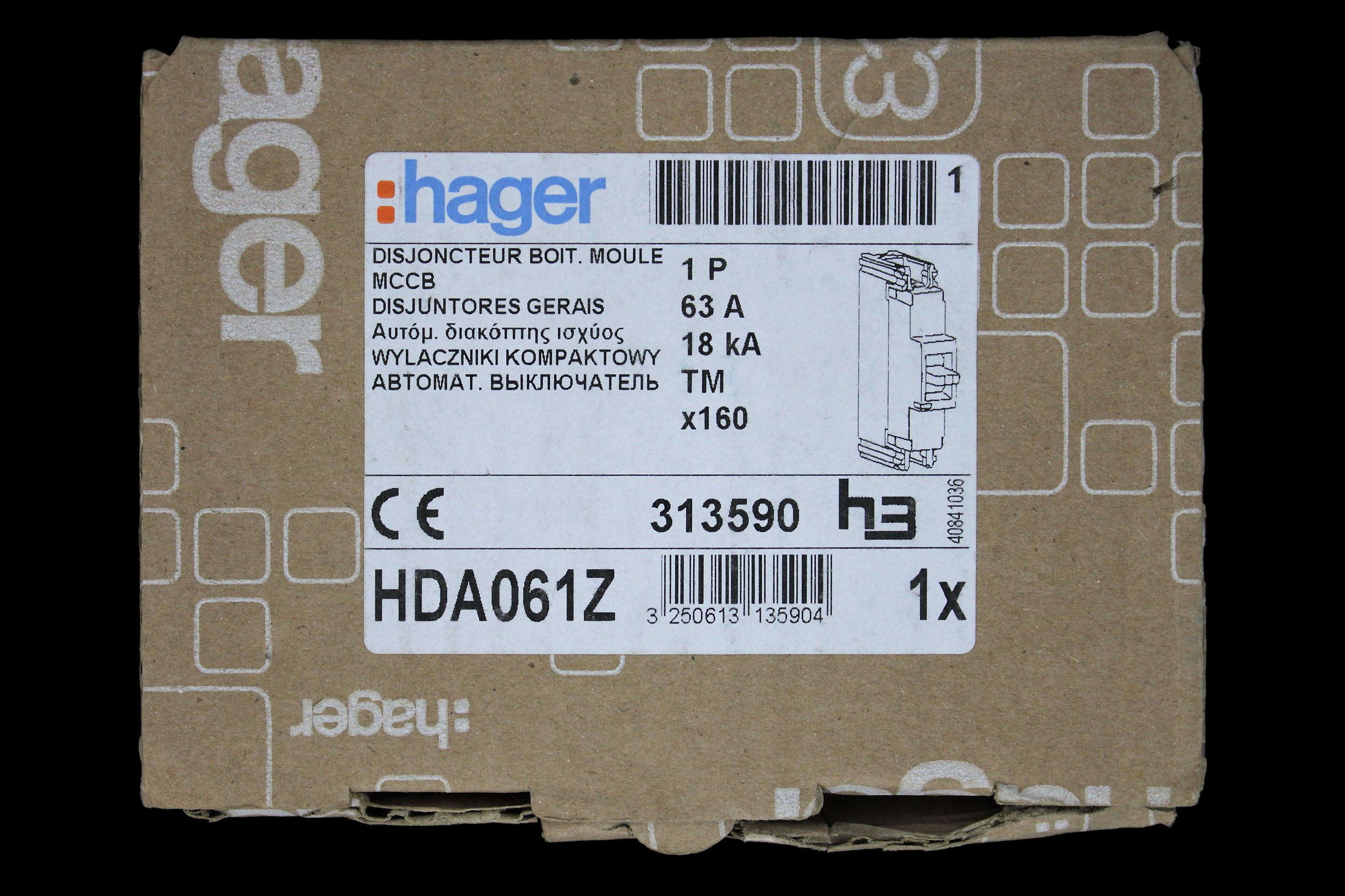HAGER 63 AMP 18kA MCCB HDA061Z 313590 TM X160