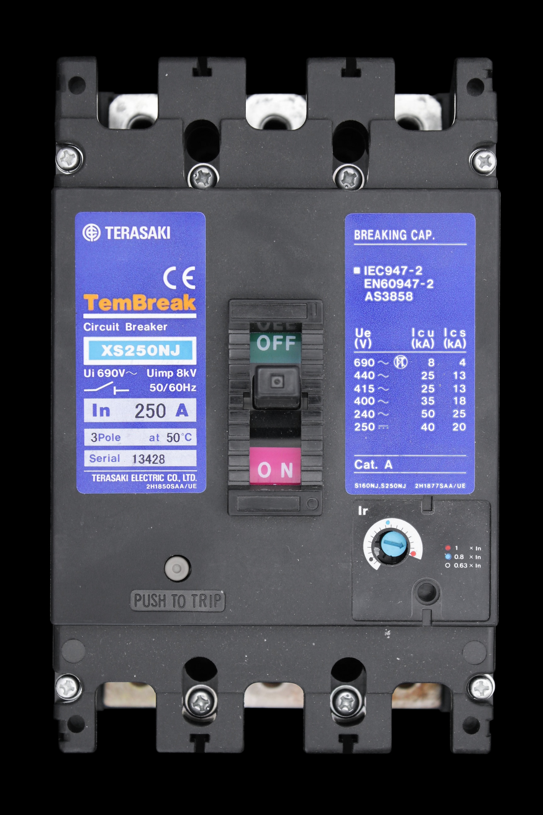 TERASAKI 250 AMP 25kA TRIPLE POLE MCCB TEMBREAK XS250NJ