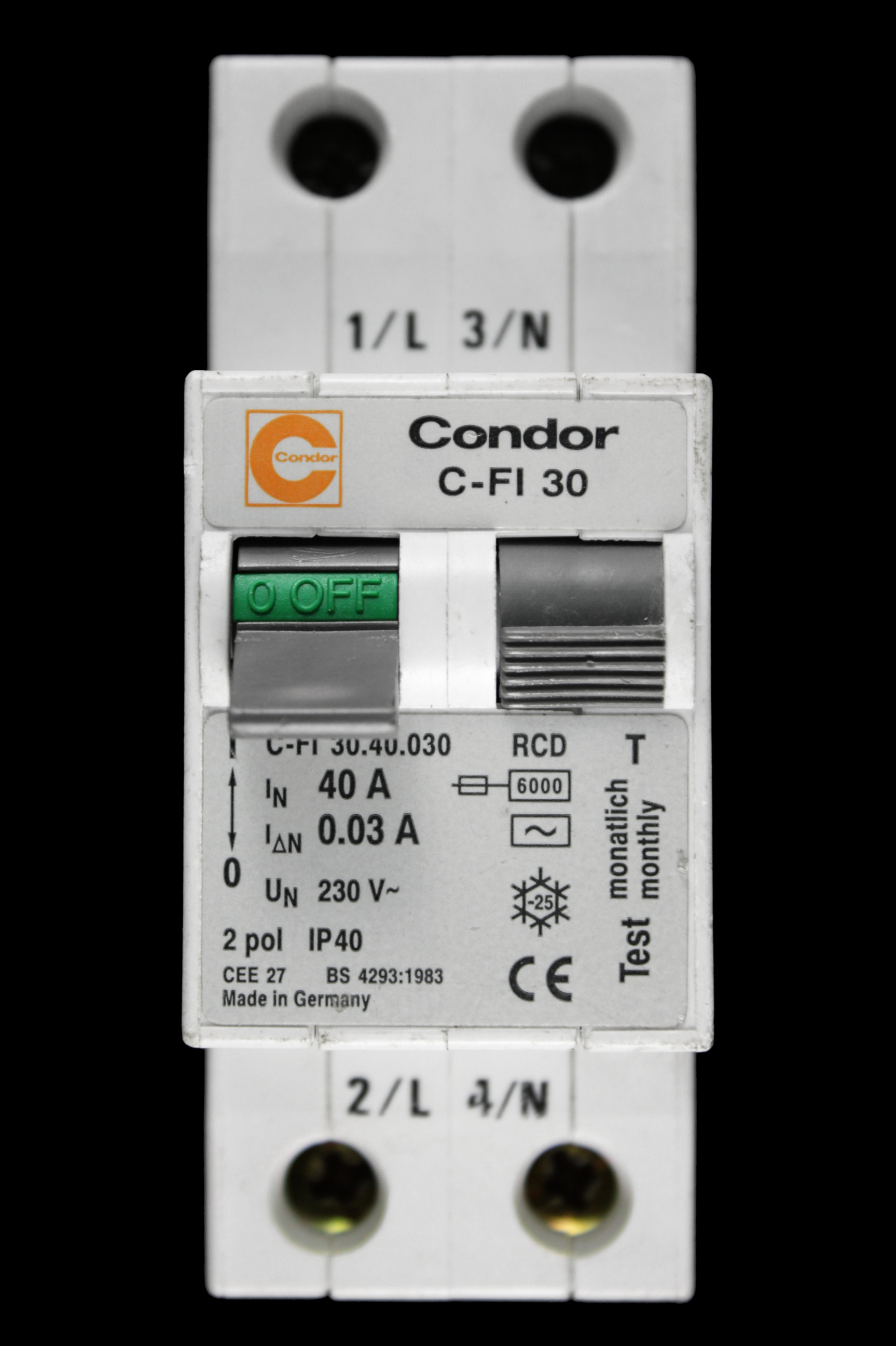CONDOR 40 AMP 30mA DOUBLE POLE RCCB RCD C-FI 30.40.030
