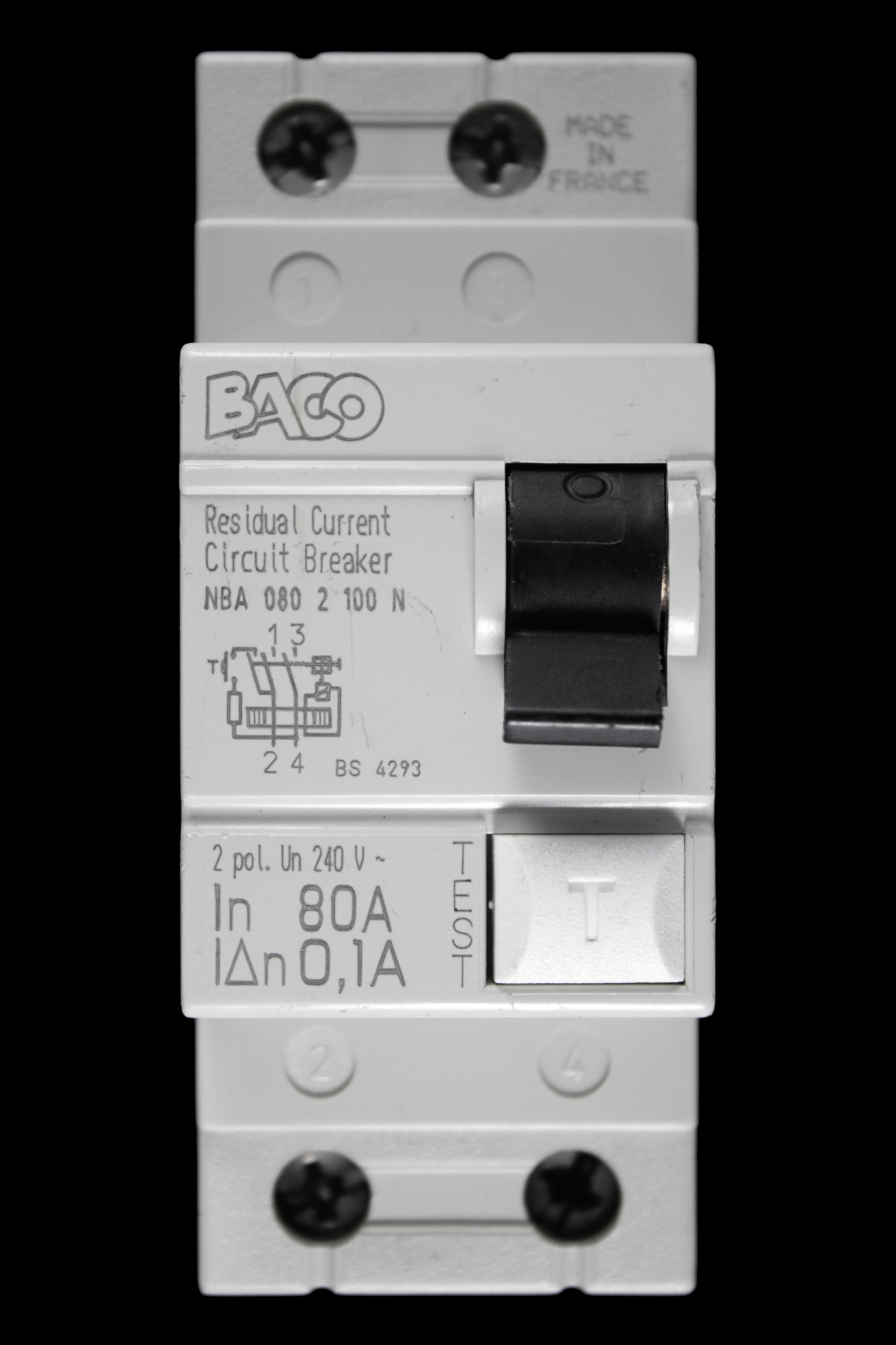 BACO 80 AMP 100mA DOUBLE POLE RCCB RCD NBA 080 2 100 N