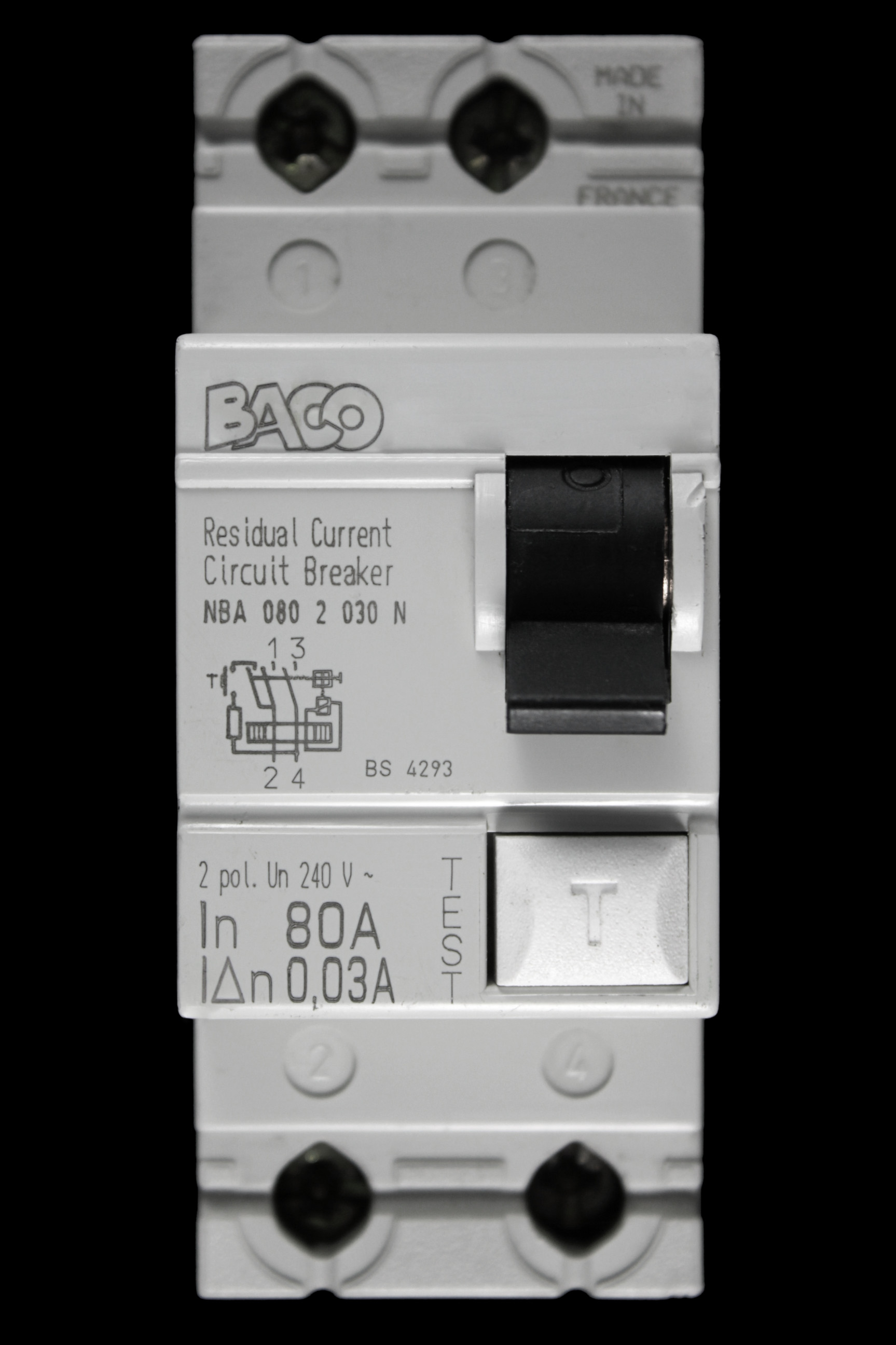 BACO 80 AMP 30mA DOUBLE POLE RCCB RCD NBA 080 2 030 N