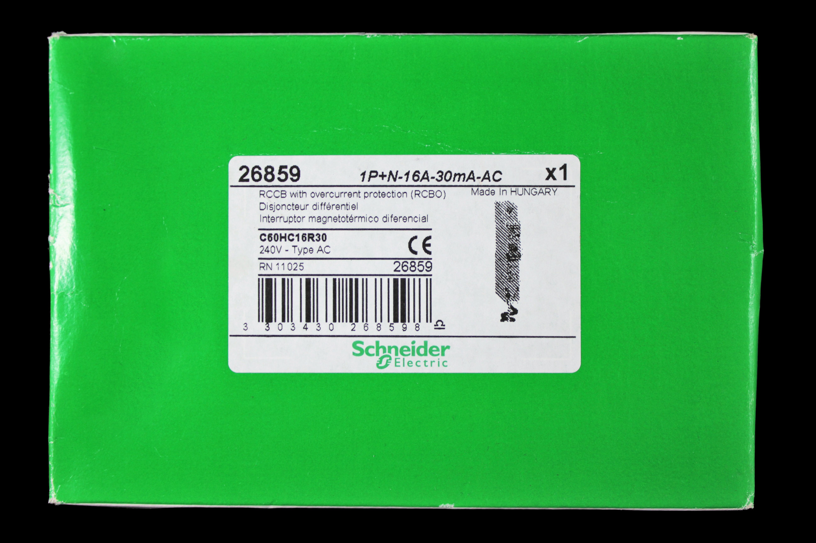 SCHNEIDER 16 AMP CURVE C 10kA 30mA RCBO TYPE AC C60HC16R30 26859