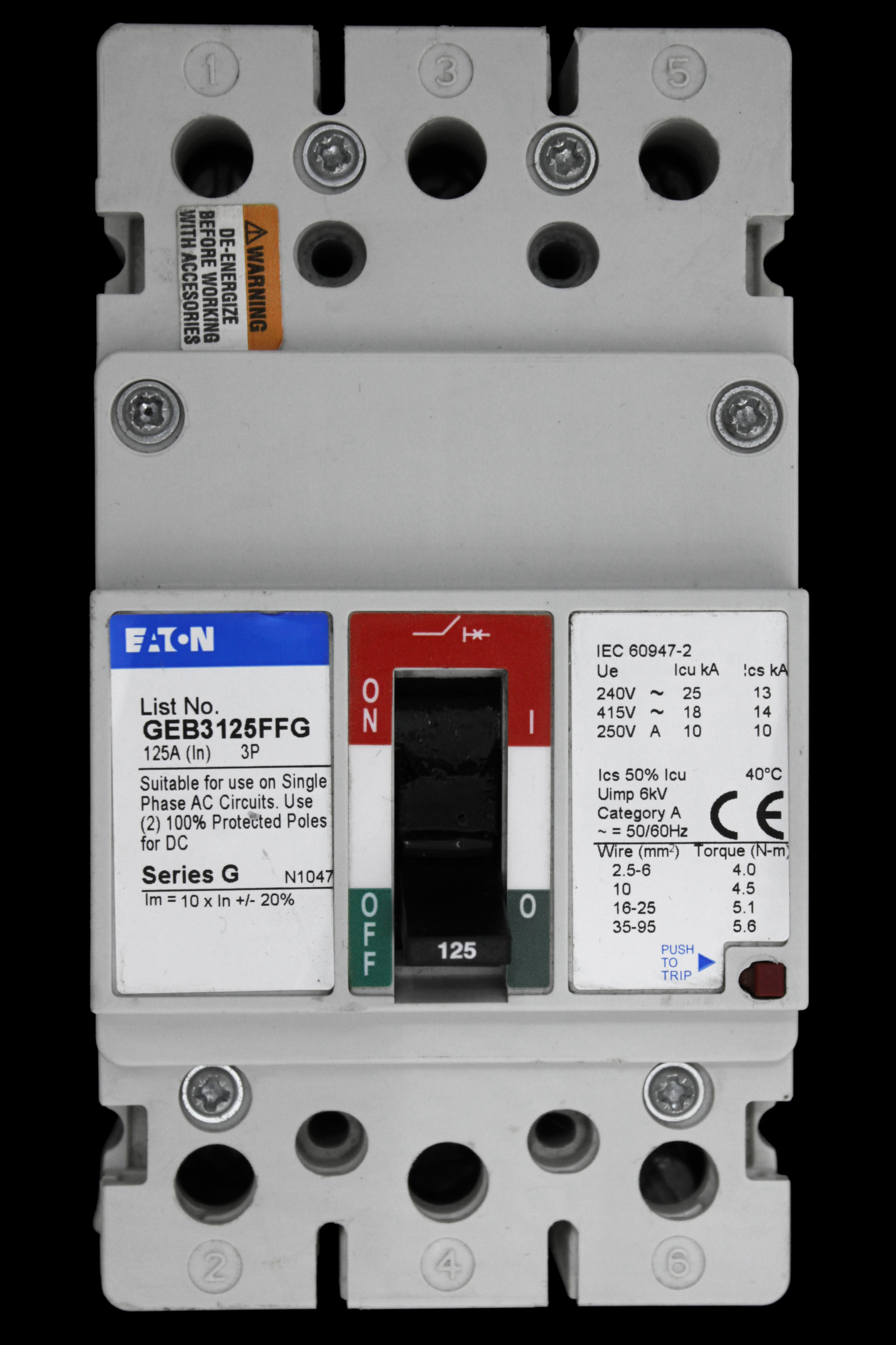 EATON 125 AMP 18kA TRIPLE POLE MCCB SERIES G GEB3125FFG