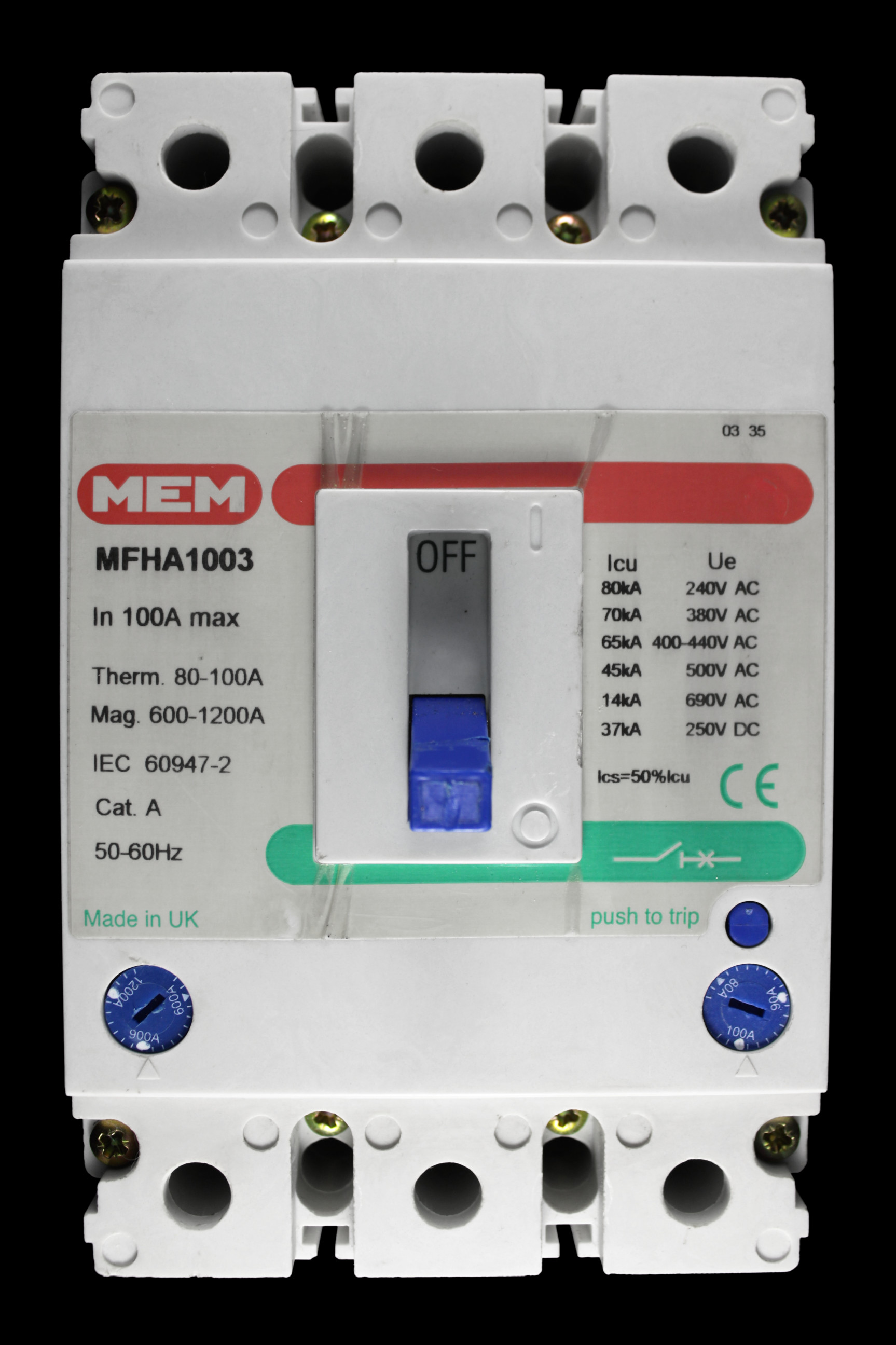 MEM 100 MCCB TRIPLE POLE 65kA MFHA1003 MFL1003